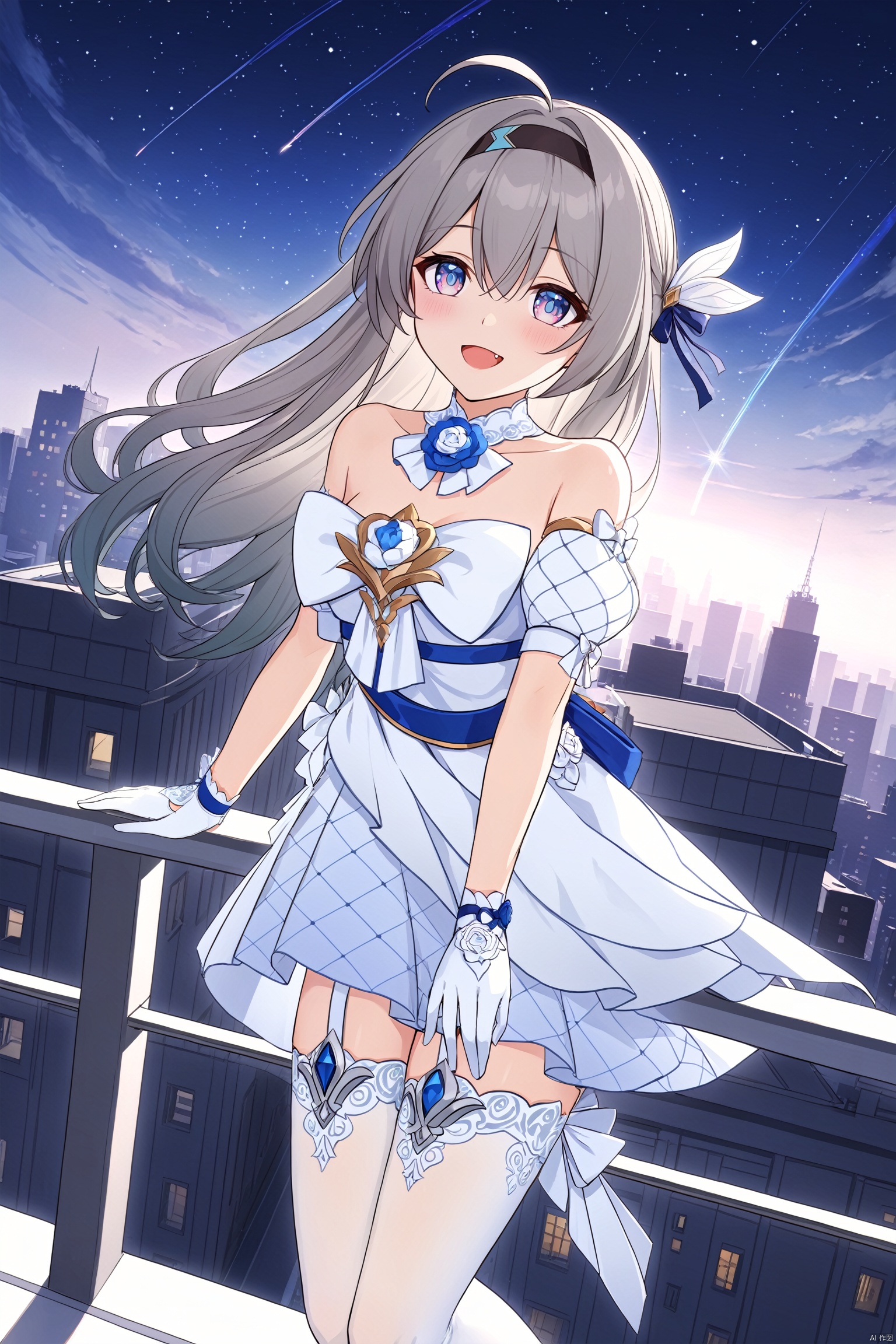 score_9,score_8_up,score_7_up,best quality,masterpiece,source_anime,\\\\\\\\\\\\nai3, 1girl, solo, ahoge, virtual youtuber, , flower, looking at viewer, smile,bangs,between legs, :d, fang, \\\\\\\\\\\\\\The girl on the top of the building, the starry sky, the meteor crossed, the city skyline behind her was extremely beautiful, the breeze was blowing, the girl's heart was confused, her face was red, and she stroked her hair\\\\\\\\\\\\\Top view, panorama, fisheye lens,\\\\\\\\\\\\\\wedding dress, liuying, 1girl, dress, white thighhighs, bangs, long hair, white gloves, white dress, grey hair, high heels<lora:EMS-313202-EMS:0.700000>
