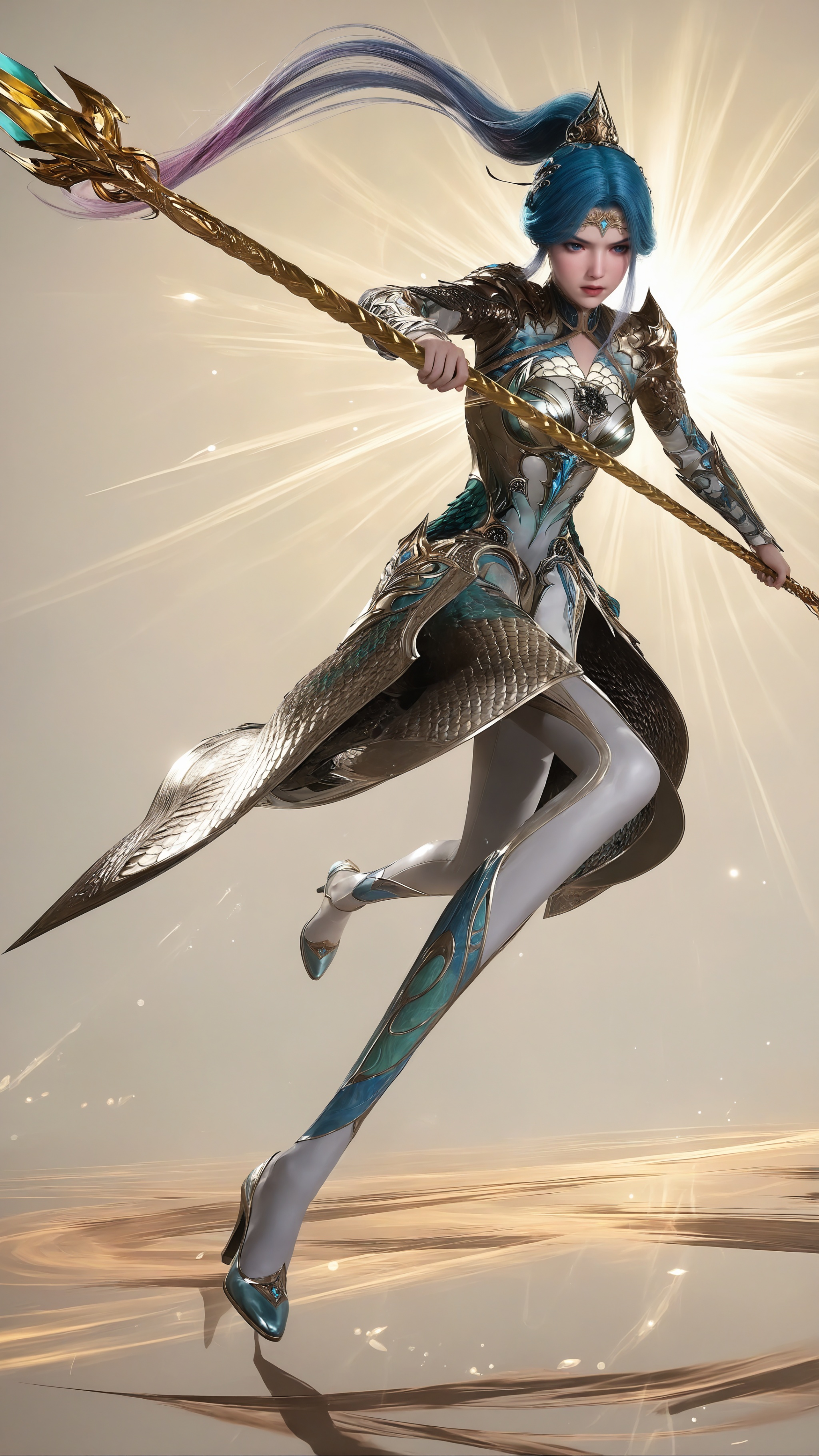<lora:Janus-王秋儿孔雀舞-斗罗大陆-天海IL:0.7>,Janus,1girl,solo,blue eyes,blue hair,breasts,gem,very long hair,multicolored hair,armor,simple background,white_background,high_heels,Green high heels,blue footwear,shoulder armor,ponytail,hair ornament,breastplate,realistic,pauldrons,holding,weapon,holding staff,polearm,spear,fighting,lens_flare,speed_lines,motion_lines,front view,, surreal,photorealistic,masterpiece,best quality,cinematic lighting,