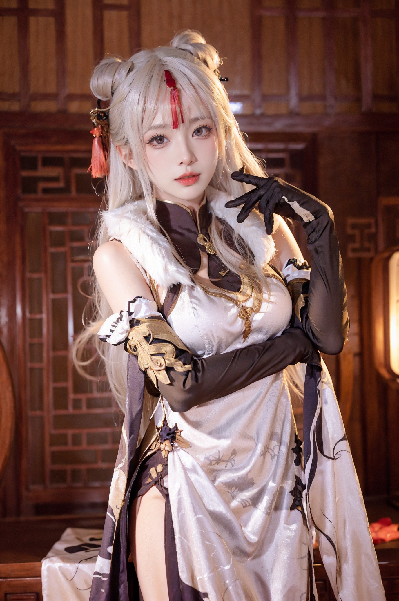 fur collar,Ningguang,1girl,solo,dress,long hair,gloves,hair stick,elbow gloves,white hair,hair ornament,chinese clothes,china dress,tassel,black gloves,very long hair,looking at viewer,<lora:Ningguang:0.68>,