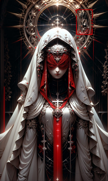 the goddess by shadrach jaroshelev, in the style of gothic futurism, dark white and light red, hyper-detailed illustrations, uhd image, Gorgeous costume details, intricate costumes, (cathedral:1.6)，(beautiful and clear background:1.4),(Transparent blindfold，coif:1.1), (full body:1.1),<lora:绪儿-修女头巾coif:0.9>