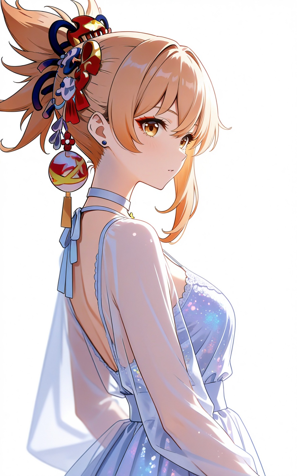 depth of field,masterpiece,best quality,very aesthetic,alternate costume,alternate costume,2024,2023,perfect composition,ultra-detailed,extreme aesthetic,masterpiece,best quality,good quality,newest,year 2024,year 2023,very aesthetic,absurdres,looking_at_viewer,colorful,white_background,simple background,upper_body,see-through,dress,<lora:宵宫·衣服百搭款ILL:0.8>,hair between eyes,yoimiya \(genshin impact\),blonde hair,yellow eyes,earrings,makeup,ponytail,