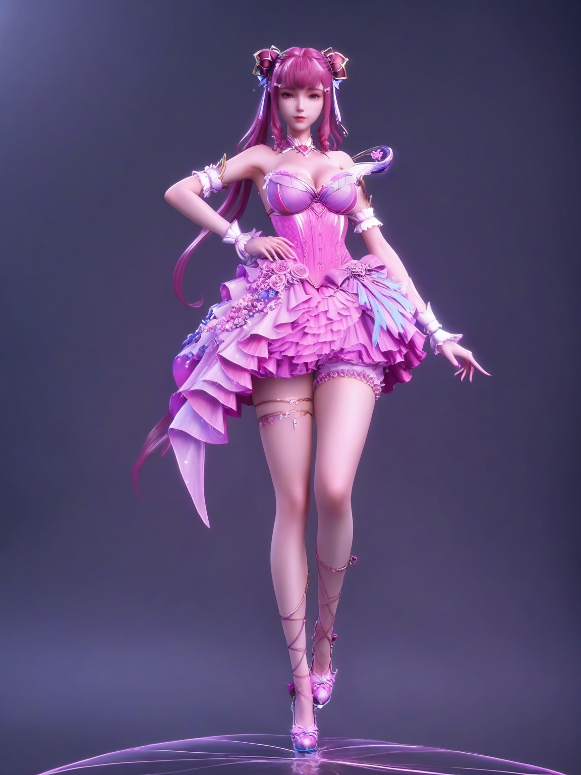 score_9,<lora:SF_ChenYingErSecondClothes_Pony_Realism2.3-000004:0.7>,hair ornament,pink dress,1girl,breasts,large breasts,standing,solo,looking at viewer,simple background,