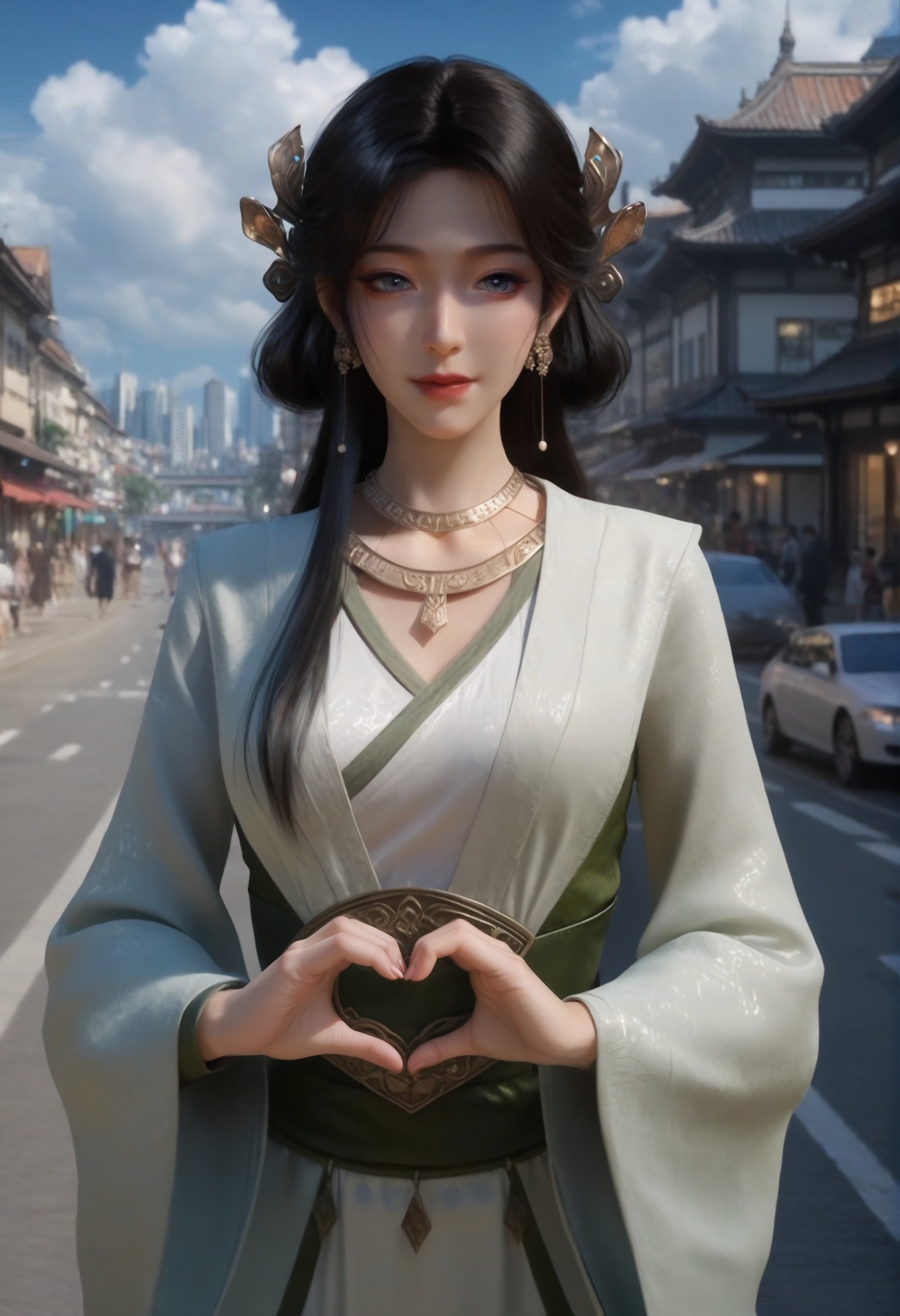(score_9),<lora:梅凝1-Apony:0.85>,mn,(mature_female:1.1),solo,hair ornament,long hair,black hair,jewelry,earrings,necklace,long long sleeves,robe,<lora:perfect eyes_v1:0.8>,front view,bright pupils,<lora:Expressive_H-000001:0.8>,heart hands,(glamor:1.2),collarbone,pointy breasts,puffy breasts,large breasts,narrow waist,curvy,outdoors,street,blue sky,blur background,building,city,cloud,cloudy sky,day,depth of field,(white_skin:1.1),(fair_skin:1.1),