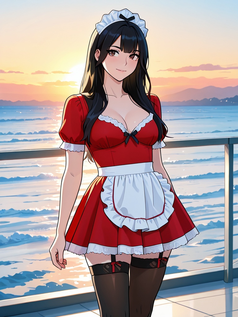 redmaid,  three-quarter view a beautiful young blackhair woman with deep hazel eyes wearing a sexy red maid outfit with wh...
