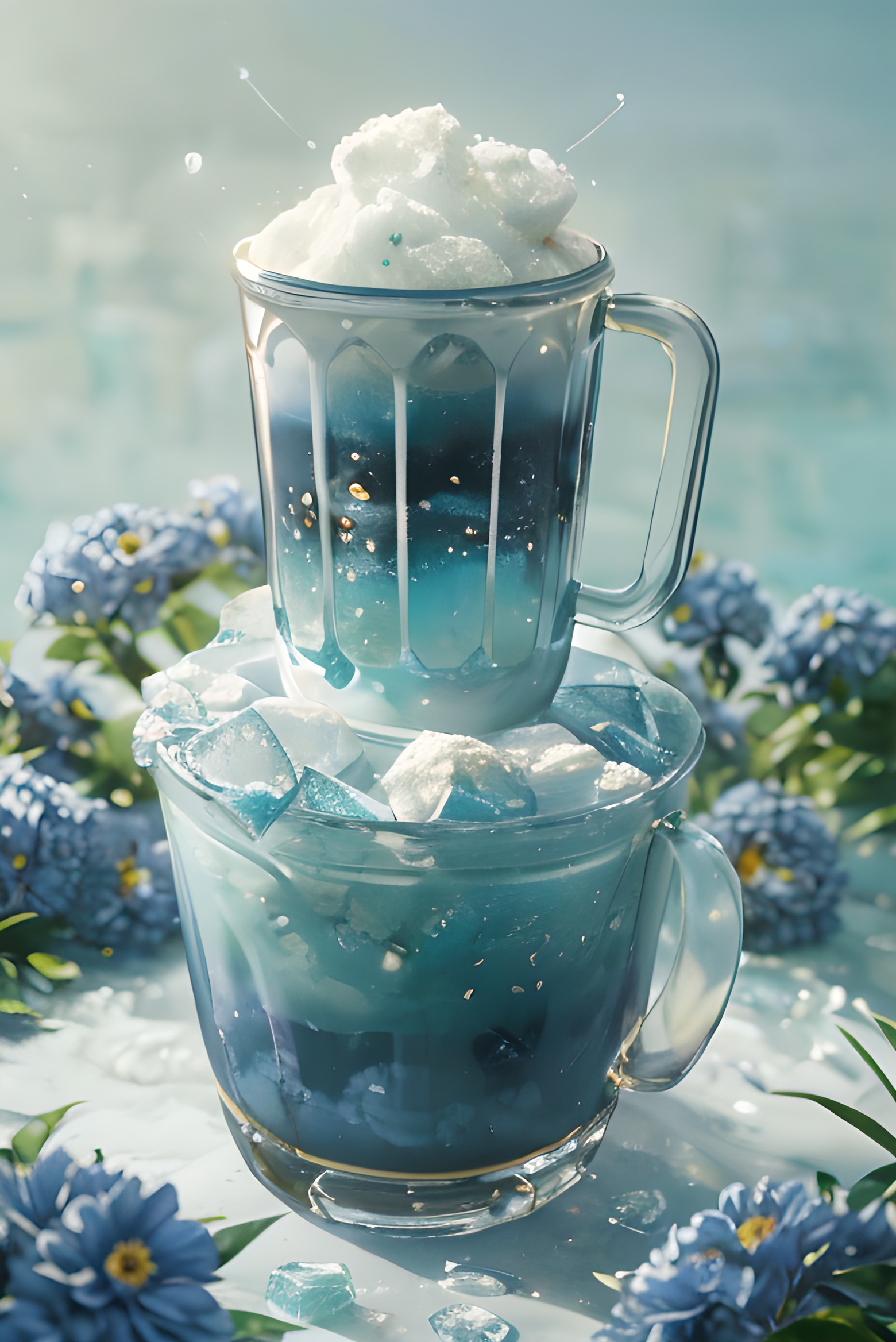 (Shooting blockbusters:2),(Masterpiece, High Quality, Superior Quality, Official Art, Beauty  and  Aesthetics): 1.2),( a cup surrounded by Crushed ice blue flowers:1.2), milky transparent water, product poster, ( Crushed Ice Blue),Gradient Purple, simple, clean light color background, ray tracing, foreground occlusion, natural light, jungle, c4d, oc rendering, product photography ,(There are a lot of ice cubes next to the cup:1.2)<lora:20240228-1709100055188:0.66>Cool feeling,Ice World,realistic,