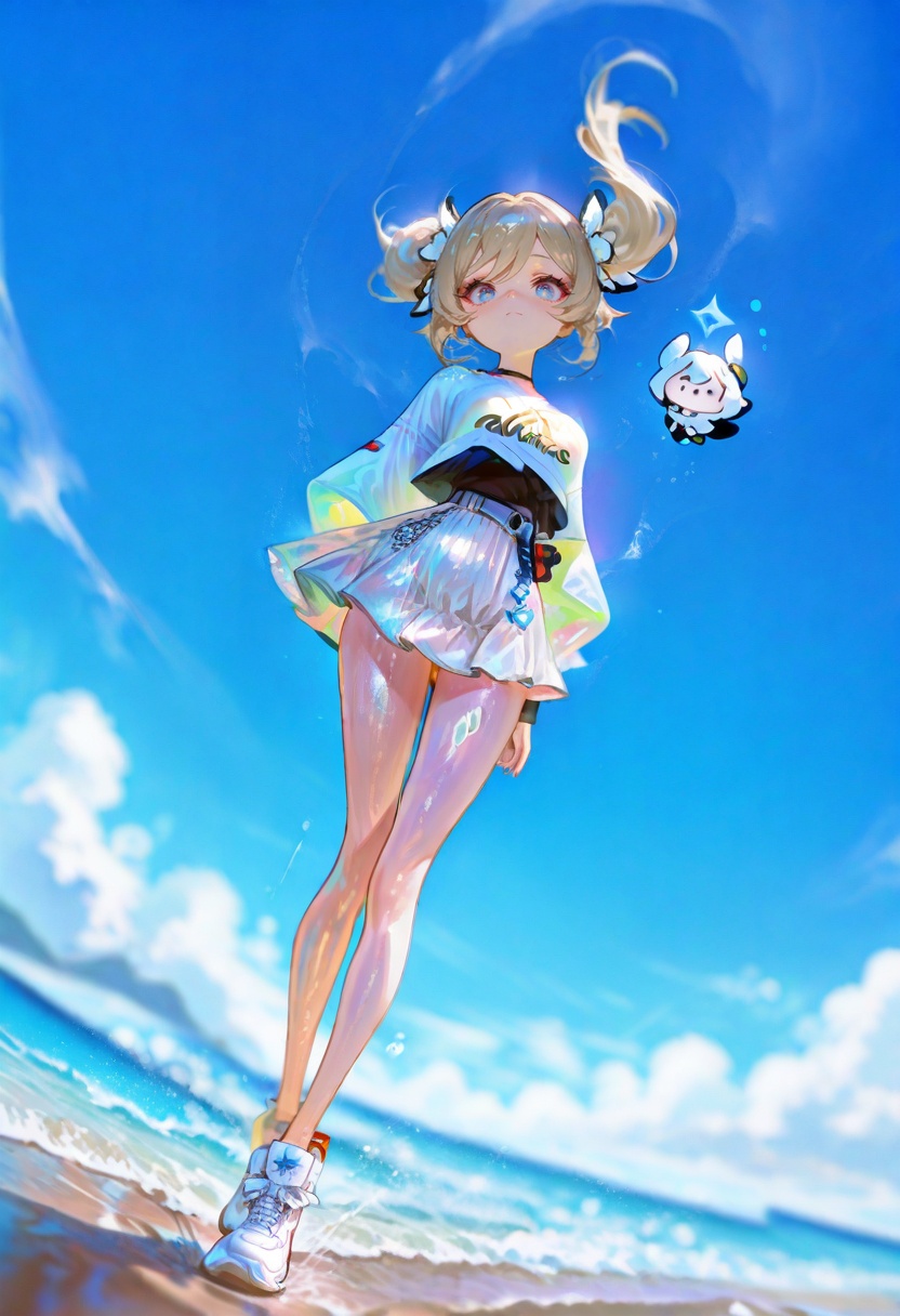 best_quality,masterpiece,cute painting style,perfect body,wide hips,slim waist,thin legs,thin waist,full body,shiny skin,barbara_(genshin_impact),Adidas T-shirt,miniskirt,White Adidas sneakers,depth of field,dutch angle,photorealistic,shiny skin,vibrant,(distant shot:1.2),masterpiece,best quality,amazing quality,very aesthetic,absurdres,newest,volumetric lighting,looking at viewer,8k,dynamic angle,illustration,intricate details,sea_blue background,dynamic posing,vibrant illustration,fashion details,(floating a chibi character:1.2),wearing matching colors,long_legs,longeyelashes,closed mouth,