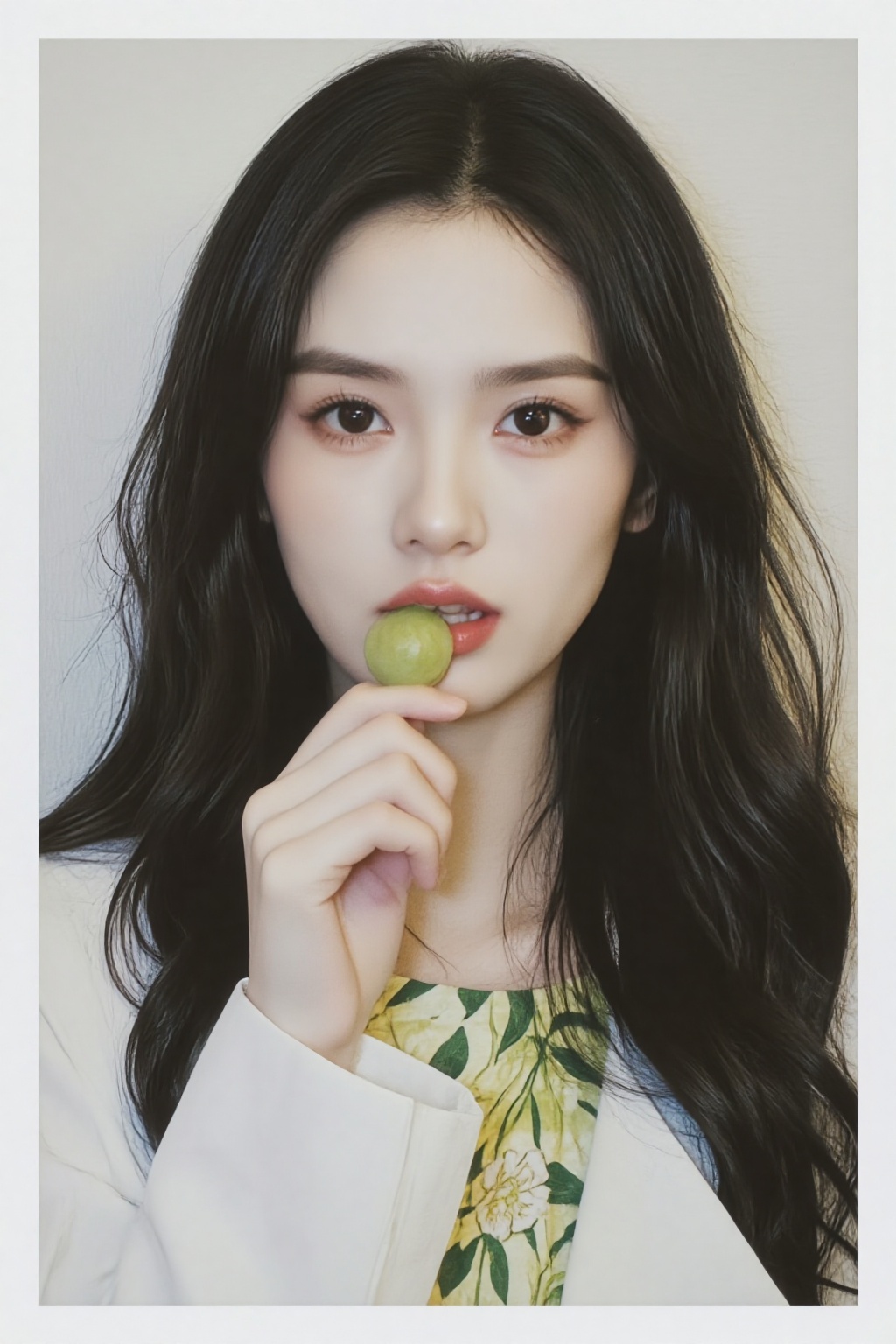 ZOZ_PLD,a photo-realistic portrait of a young woman with long,wavy black hair,holding a small,green fruit in her mouth,she is positioned in the middle of the frame,looking directly at the viewer with a neutral expression,her eyes are a striking brown color,and her lips are slightly parted,revealing a hint of her teeth,she has a slim body and is wearing a white blouse with a floral pattern,the background is a plain,light-colored wall,and the image has a soft,ethereal quality to it,the woman is holding the fruit with one hand and her fingers are delicately placed near her mouth,as if savoring the moment,the image is framed with a white border,giving it a clean and professional look,