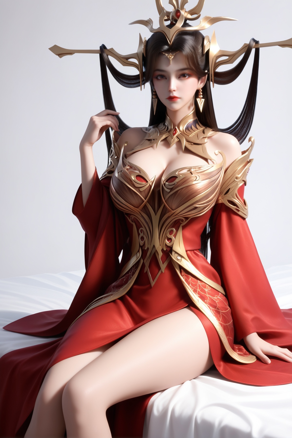 score_9,score_8_up,score_7_up,<lora:wy_yanfei_XL7.0:0.8>,black hair,brown eyes,1girl,long hair,breast,hair_ornament,dress,red dress,sitting,simple background,white_background,bed,looking_at_viewer,big breasts,cleavage,thick_thighs,