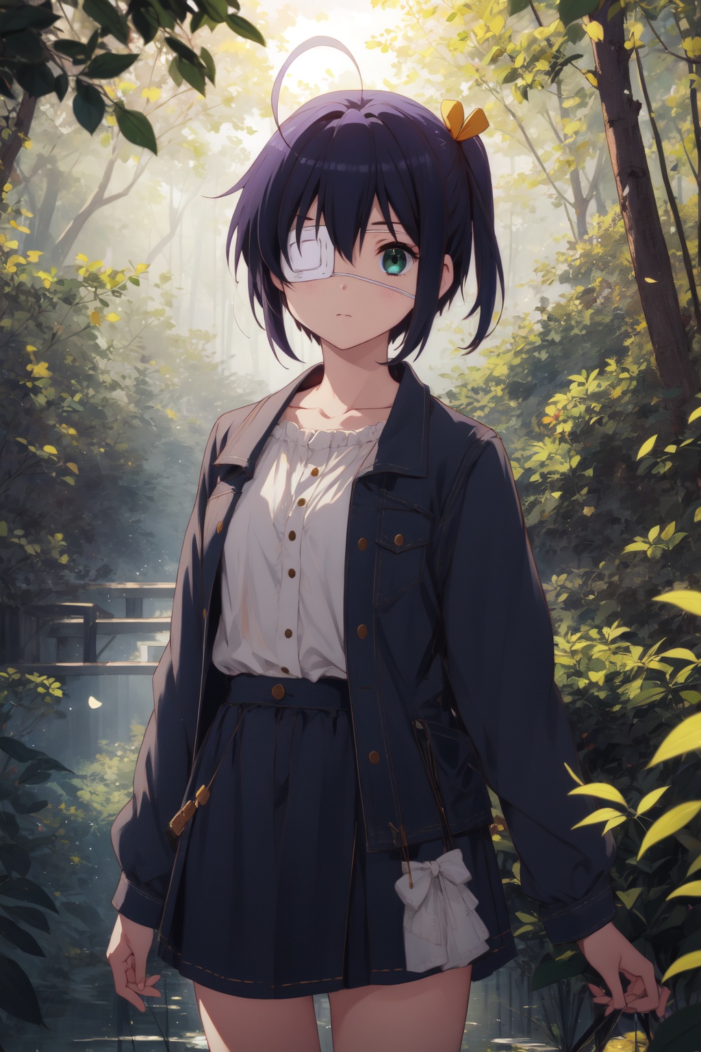 <lora:Rikka-000006:0.8>,Rikka CYQL,1girl,looking at viewer,solo,black hair,short hair,ahoge,ribbon,one side up,green eyes,eyepatch,medical eyepatch,Slip dress, denim jacket, white sneakers,happy,portrait,Mangroves, Forest, Water, Roots, Biodiversity, Wildlife, Serenity, Tides,(Coastal wildflowers, Coastal cliffs, Pacific Ocean views, Wildflower bloom, Coastal breeze, California landscape:0.5),beautiful detailed sky,beautiful detailed glow,posing in front of a colorful and dynamic background,masterpiece,best quality,beautiful and aesthetic,contrapposto,female focus,wallpaper,