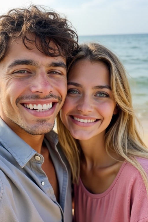 <lora:20250521_AgainMouthSizeF1Lora:2>,This is a photograph of a young couple posing for a selfie outdoors. The woman with long blonde hair, wears a pink top. The man with short dark hair, is in a shirt.