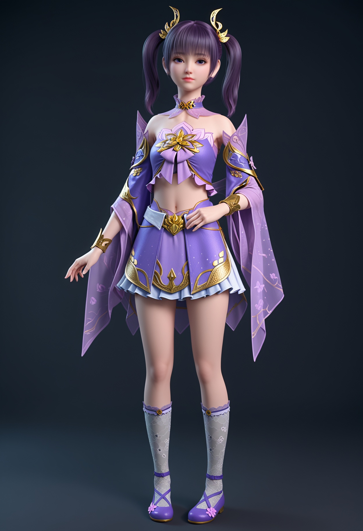 (full body:1.1),54.<lora:YQponyziyanV4:0.8>,q1528437228,1girl,solo,black_hair,hair_ornament,twintails,long_hair,detached_sleeves,bare_shoulders,blue_eyes,realistic,dress,midriff,bangs,skirt,detached_collar,ponytail,brown_hair,purple_dress,jewelry,bracelet,socks,purple_eyes,blunt_bangs,wide_sleeves,armor,purple_footwear,navel,pantyhose,flat_chest,choker,print_legwear,purple_skirt,brown_eyes,floral_print,legs,purple_hair,side_ponytail,thighhighs,,(huge breasts:0.8),(looking_at_viewer:1.1),(mature female:1.3),BREAK intricate details,shiny_skin,solo focus,perfect_anatomy,(score_9:1.3),(simple background:-1),(blurry:-1.2),(masterpiece:1.3),(best quality:1.3),(simple background,pure black background,black background:1.1),