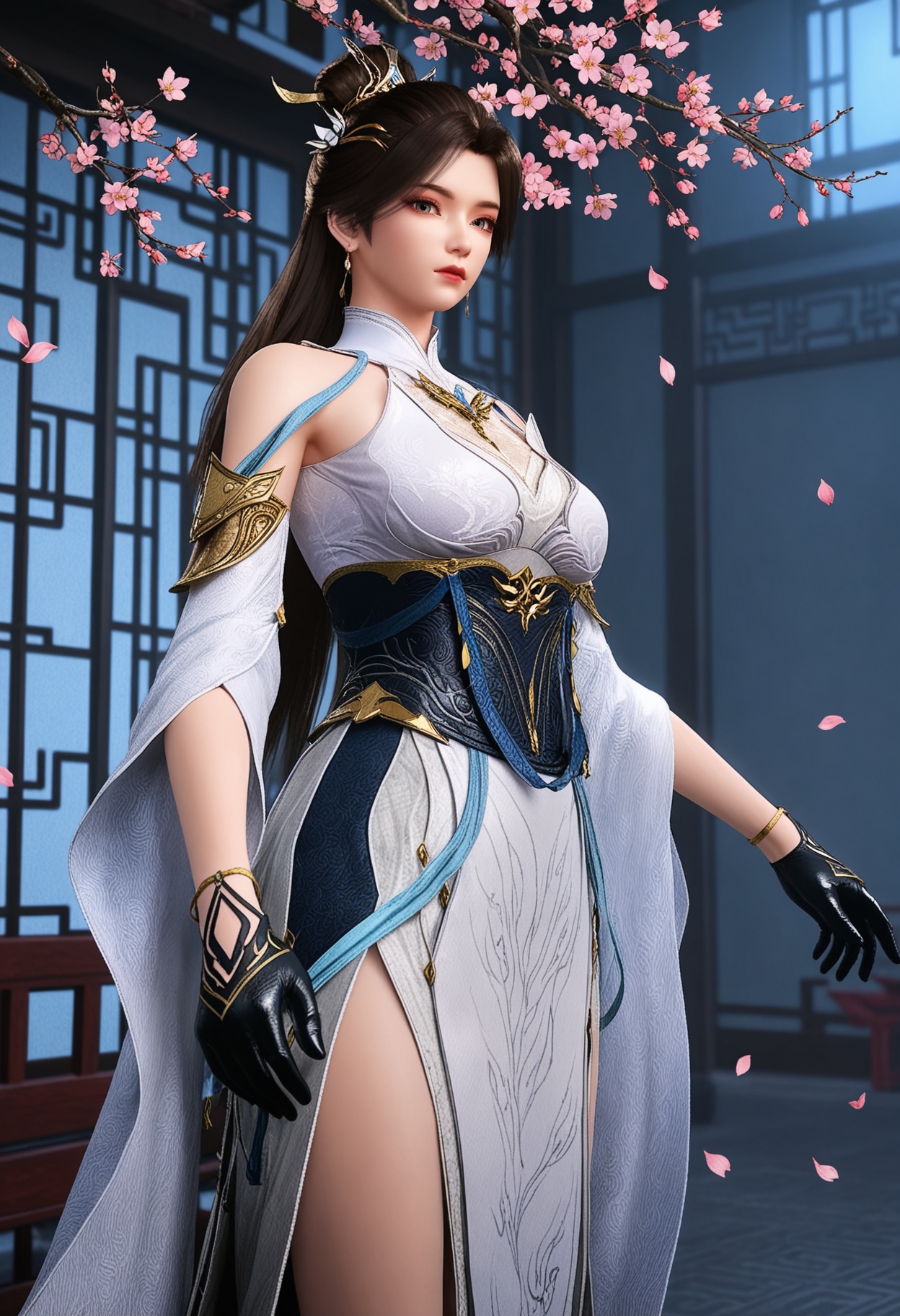 (standing full_body:1.1),(looking at viewer:1.1),masterpiece,(best quality),smog,Dark room,dim lighting,peach blossom,falling petals,<lora:YQ_Illustrious光辉v5_灵溪_V1:0.8>,q1528437228,1girl,solo,jewelry,long hair,hair ornament,earrings,brown hair,dress,white dress,hair bun,black hair,detached sleeves,chinese clothes,gloves,ponytail,black gloves,single hair bun,high heels,brown eyes,grey eyes,blue eyes,sash,bracelet,