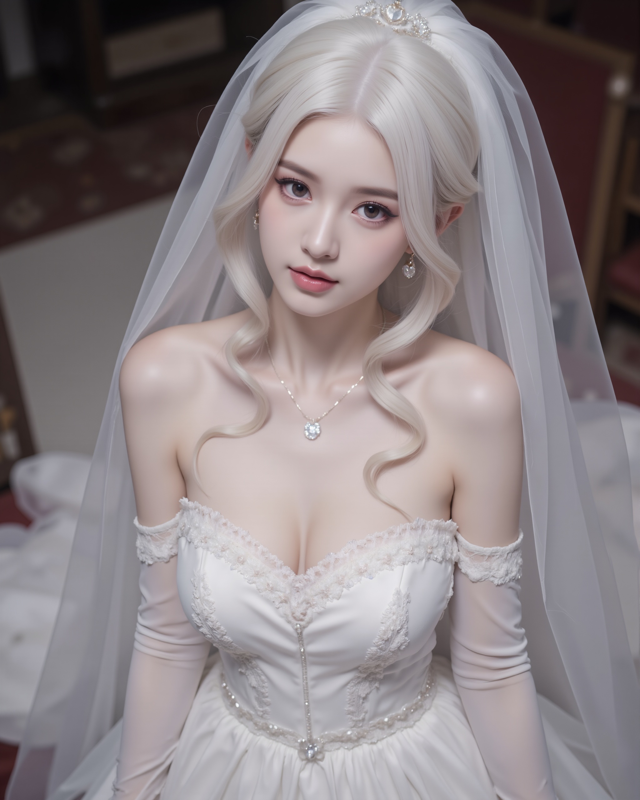pov,slightly_above,dynamic_angle,1girl,head_tilt,pose,carry_me,hands,strapless_wedding_dress,lace_trim_elbow_gloves,(smirk:0.7),perfect_face,very_long_hair,white_hair,(curly_hair:0.6),large_breasts,cleavage,narrow_waist,heart_earrings,necklace,church,  <lora:FLUX-极品超模V3:1.2>
