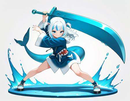 masterpiece, best_quality, very_aesthetic, highres, absurdres, ultra detailed, hololive, gawr gura, hololive   holding weapon, fighting stance, <lora:negXL:0.5> <lora:buster_sword_IL:1> holding  buster sword,(huge weapon:1.3),