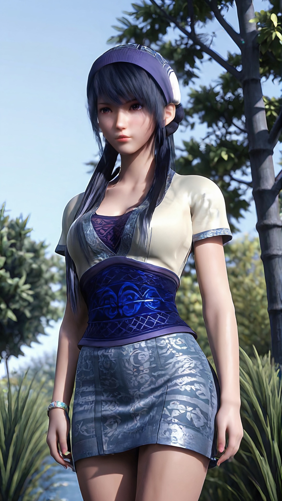 The image is a 3D rendering of a female character from a video game. She is standing in a garden with trees and bushes in the background. The character is wearing a blue and white outfit with intricate patterns and designs. The outfit has a high neckline and short sleeves, and the skirt is flared at the bottom. She has long, dark hair that is styled in loose waves and falls over her shoulders.The character is holding a scroll in her left hand and is looking off to the side with a serious expression on her face. She appears to be in a contemplative pose, as if she is deep in thought. The overall mood of the image is peaceful and serene.,<lora:pony端木蓉:0.8>,