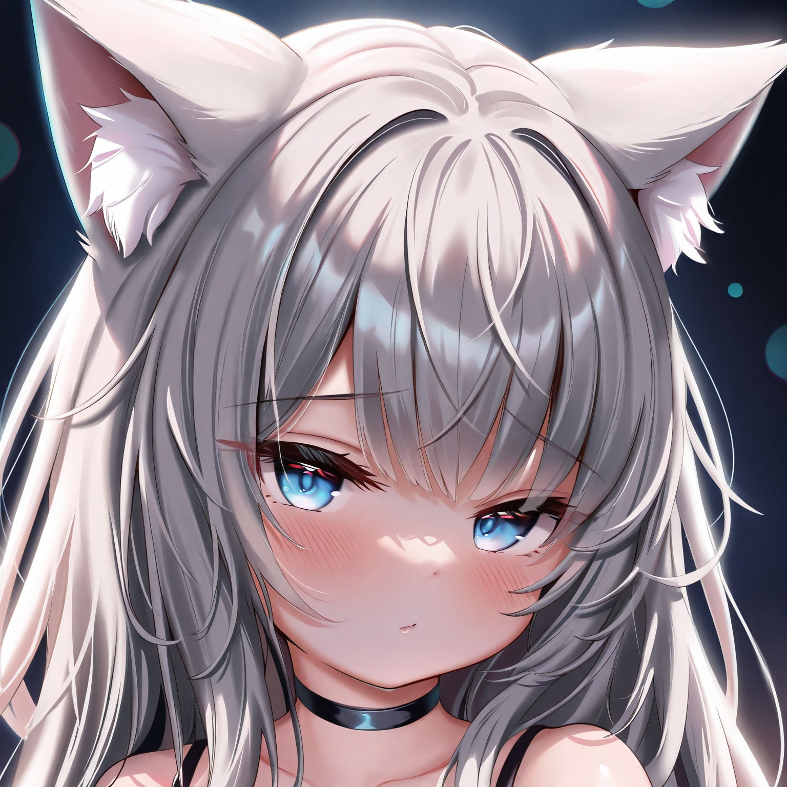 masterpiece,absurdres,best quality,((petite)),loli,high quality,chromatic_aberration,shiny_skin,//,1girl, solo, cat_girl, animal_ears, cat_ears,grey_hair, long_hair, blue_eyes,upper_body, portrait, head_and_shoulders, close-up,black_choker, sleeveless, bare_shoulders,looking_at_viewer, neutral_expression,blush, small_fang,dark_background, night, cool_tone,rim_light, cinematic_lighting,depth_of_field, bokeh,high_detail, ultra_clean, masterpiece//,<lora:kokuto_(kurousagi1210)——【CKXL】hans:0.88>,