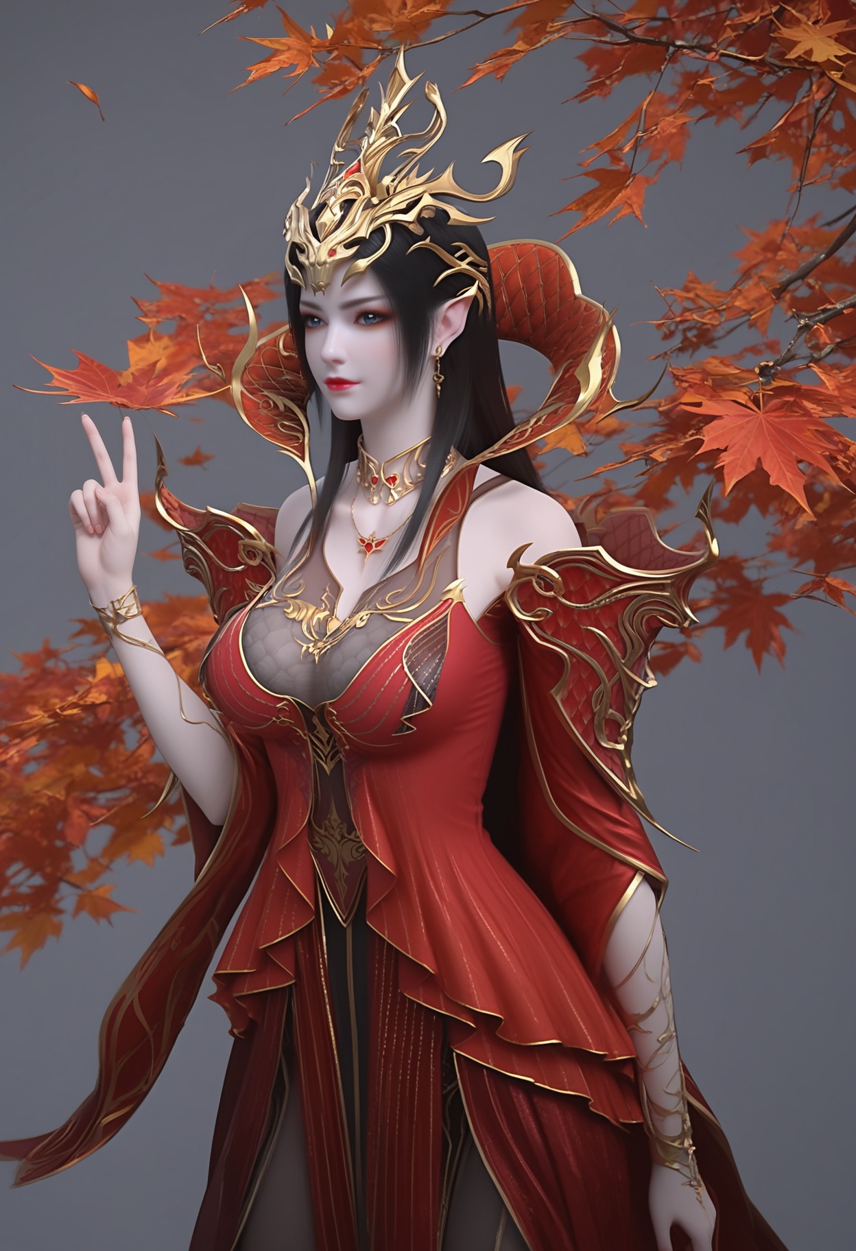 (score_9),<lora:斗尊美杜莎-apony:0.83>,meidusha,1girl,solo,hair ornament,tiara,long hair,black hair,pointy ears,earrings,(gray-blue eye),cocked eyebrow,collar,popped collar,jewelry,shoulder armor,metal collar,necklace,red dress,detached sleeves,bracelet,long dress,(glamor),curvy,mature_female,collarbone,pointy breasts,puffy breasts,(large teardrop breasts),(see-through cleavage),see-through legwear,black pantyhose,BREAKlooking at viewer,(v sign),closed mouth,BREAK<lora:Expressive_H-000001:0.8>,light blush,Expressiveh,body blush,<lora:e肤色滑块:0.25>,(pale_skin),(Ivory_skin),(light_skin),ultra-detailed skin texture,detailed textures,BREAK<lora:e色温:0.35>,simple background,grey background,twig,autumn leaves,branch,falling leaves,Tyndall effect,available light,depth of field,lens_flare,