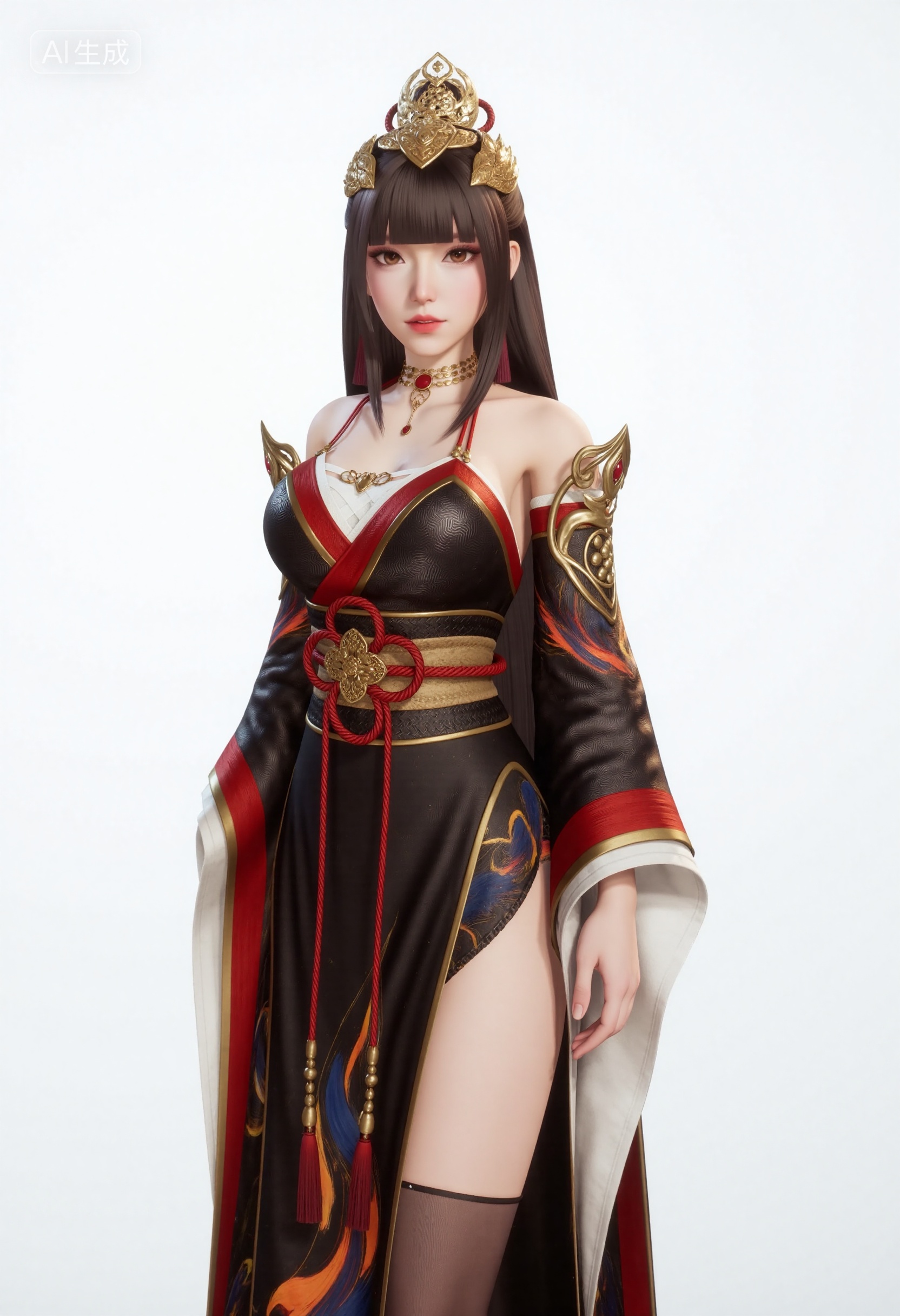 mimi,You Yi Han,cowboy shot (mid-thigh up),mimi,looking at viewer,front view,, long straight dark brown hair with bangs styled with an ornate golden crown and a red rope tied at the back,warm amber eyes,golden choker with red gemstone,matching dangling earrings with crimson tassels,off-shoulder fantasy robe in black and deep red with gold trim,layered white undergarment,thick crimson rope belt tied in a decorative knot at the waist,ornate golden shoulder guards with dragon-scale patterns and embedded red gems,wide flowing sleeves with red and gold accents,high-slit asymmetrical hemline revealing legs,sheer black thigh-high stockings,black fabric with subtle wave patterns accented with swirling flame-like designs in orange and blue,, plain white background,studio lighting,sharp focus,, Negative prompt: ng_deepnegative_v1_75t,(badhandv4:1.2),EasyNegative,(worst quality:2),,nsfw, Steps: 30, Sampler: Euler, CFG scale: 3.5, Seed: 2013374491, Size: 832x1216, Model hash: 0734f0ab2a, Model: F.1 模型下载版-黑暗森林工作室_fp16.sft, Denoising strength: 0.4, RNG: CPU, Lora 1: 20251022-1761149905385-0008, Lora Hash 1: 278bdf9851, Lora Weight 1: 0.75, Lora 2: 金宝-F.1-妆容.美颜.磨皮。三合一, Lora Hash 2: 9fa9e2a424, Lora Weight 2: 0.2, vae_name: automatic, Hires resize: 1664x2432, Hires steps: 30, Hires upscaler: 4x-UltraSharp