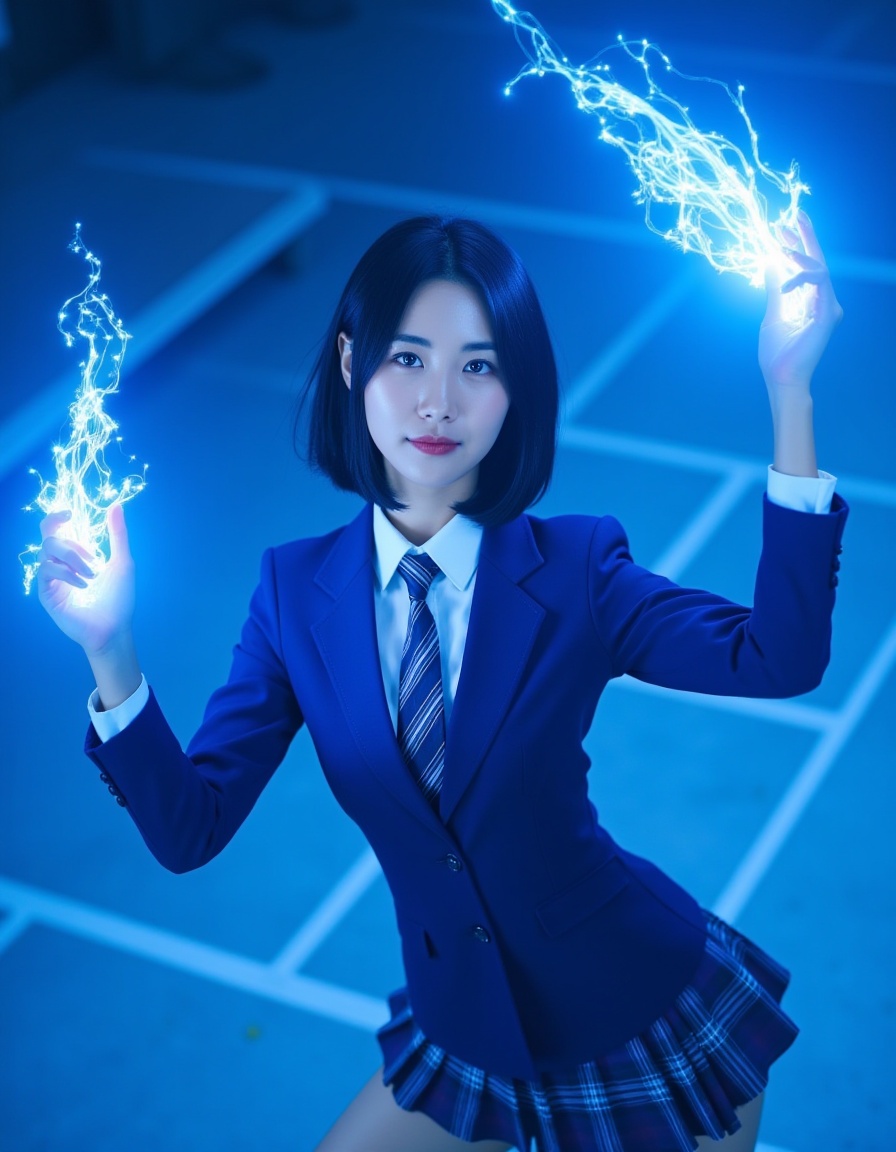 Masterpiece,Top quality,beautiful Korean woman,doll-like face,clean skin,neat deep cobalt blue short cut,bright determined grin,school blazer power suit,blazer seams glowing with blue light,plaid skirt with energy field shimmer,active pose,whipping a glowing energy chain upwards,dynamic arc of blue light in front of her face,intensely saturated monochromatic cobalt blue background,digital grid pattern,POV,high angle,face-focused close-up,looking up at viewer,