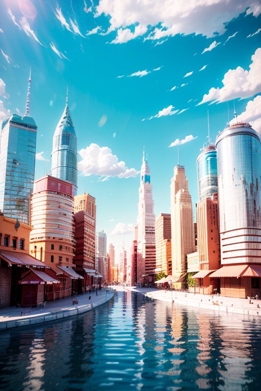 amazing, \(best quality:1.2\), Best quality, still life , 3d scene, outdoors, sky, day, cloud, blue sky, no humans, sunlight, building, scenery, city, sun, cityscape, skyscraper, tower