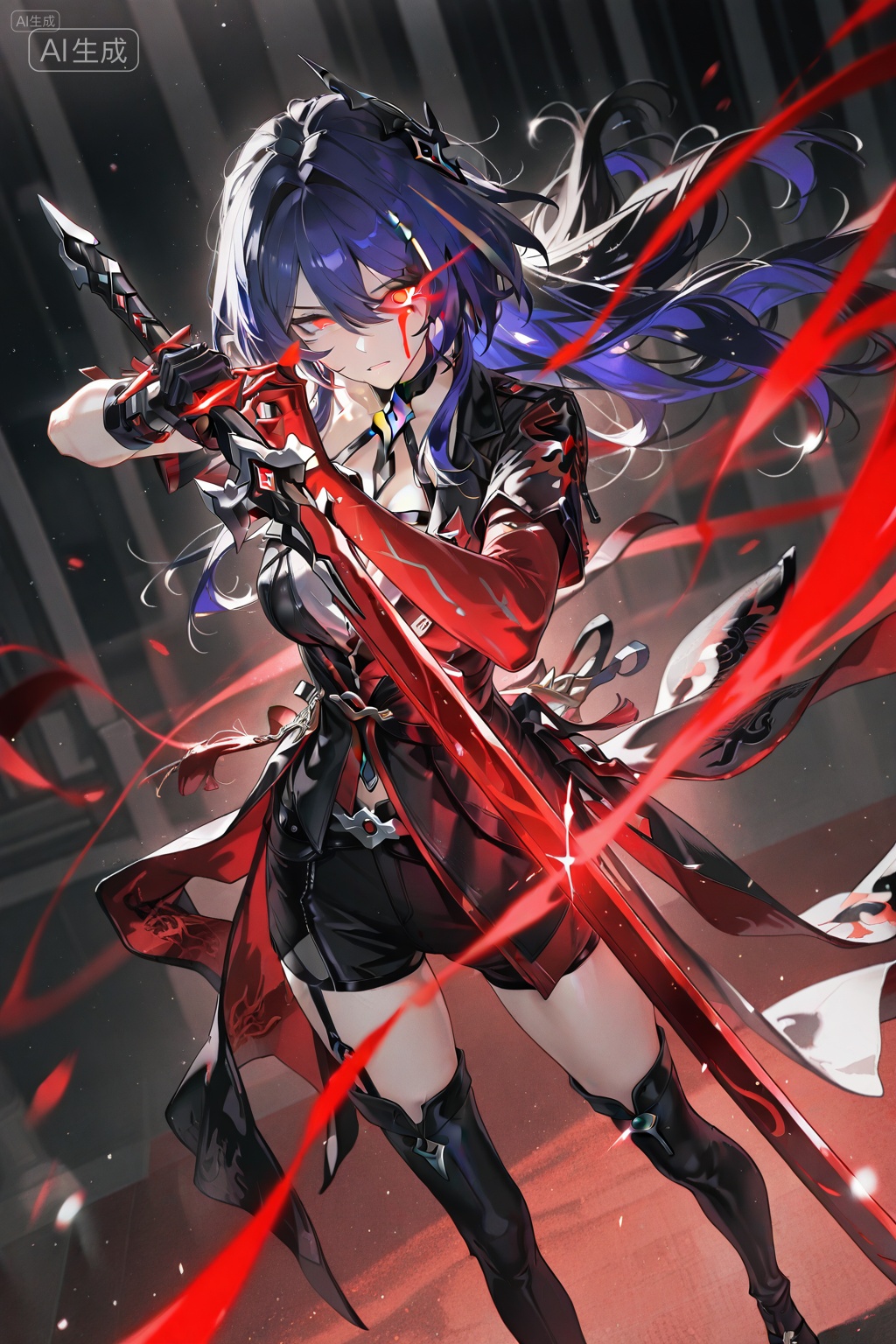 masterpiece,best quality,good quality,very awa,very aesthetic,absurdres,newest,extreme aesthetic,in the style of fashion photography,light particles,Visual impact,sharp focus,Emotionalization,impactful picture,depth of field,dynamic pose,dutch angle,, (dino_(dinoartforame):0.8),(yoneyama mai:0.7),, 1girl,acheron \(honkai: star rail\),honkai \(series\),fighting_stance,weapon,brandishing a weapon,eye smear,glowing_eye,standing,the sword points to you,, Negative prompt: (worst quality, low quality),deformed,distorted,disfigured,doll,poorly drawn,bad anatomy,wrong anatomy,sketch,jpeg artifacts,signature,watermark,artist name,old,oldest,,nsfw, Steps: 20, Sampler: Euler a, CFG scale: 7.0, Seed: 1281586473, Size: 1024x1536, Model hash: e62cd982e2, Model: 崩坏彩涂_1.0.safetensors, Denoising strength: 0.0, Clip skip: 2, ENSD: 31337, RNG: CPU, vae_name: automatic