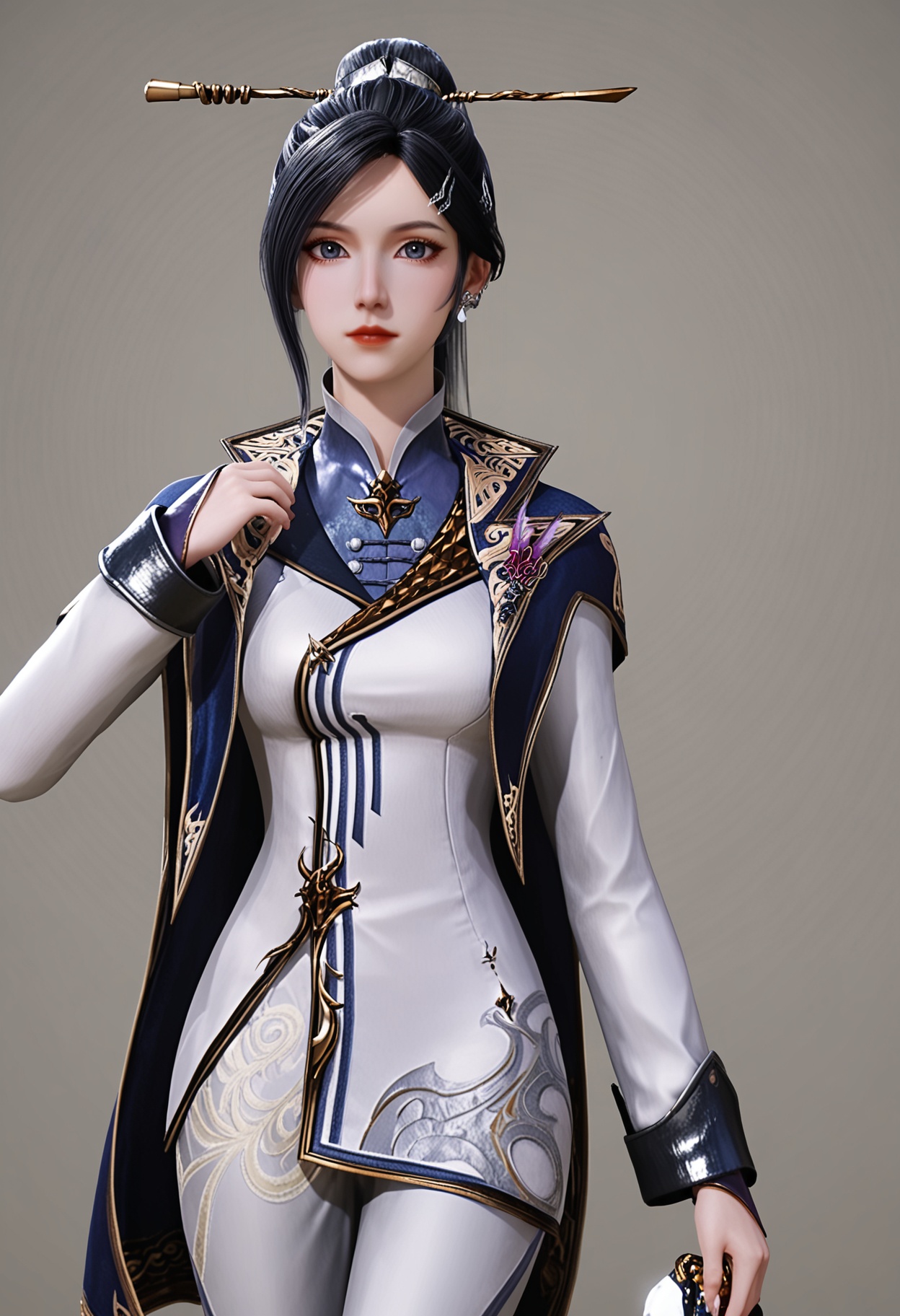 (upper_body:1.2),(looking at viewer:1.1),facing viewer,direct gaze,<lora:YQ_pony_zhouyi_V4:0.8>,q1528437228,1girl,solo,black hair,hair ornament,jewelry,long hair,earrings,ponytail,black eyes,cape,chinese clothes,long sleeves,hair bun,dress,hair stick,single hair bun,pants,blue eyes,hairclip,hairpin,short hair,black high heels,very long hair,grey eyes,