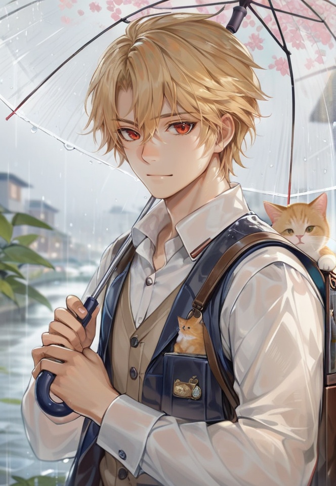(best quality), ((masterpiece)), (highres), illustration, original, extremely detailed,  <lora:ACG ART_Vl:0.7>1boy, male focus, red eyes, umbrella, blonde hair, short hair, looking at viewer, cat, holding, transparent umbrella, outdoors, holding umbrella, shirt, animal on shoulder, upper body, bag, transparent, vest, animal, solo, white shirt, rain, closed mouth