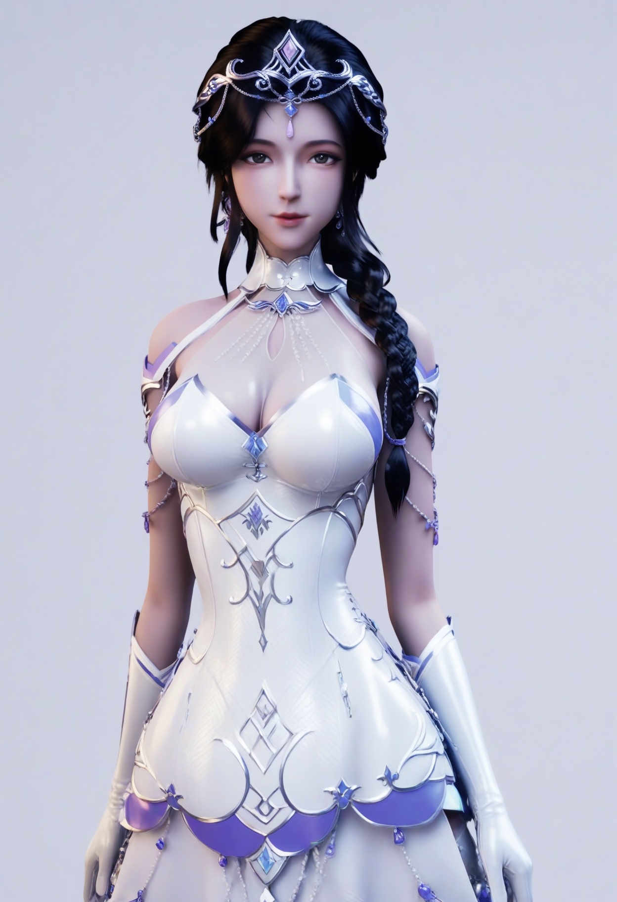 score_9,<lora:SF_BaiYue_Pony_Realism2.3-000004:0.7>,1girl,solo,hair ornament,large breasts,black hair,braid,dress,standing,gloves,looking at viewer,white background,simple background,