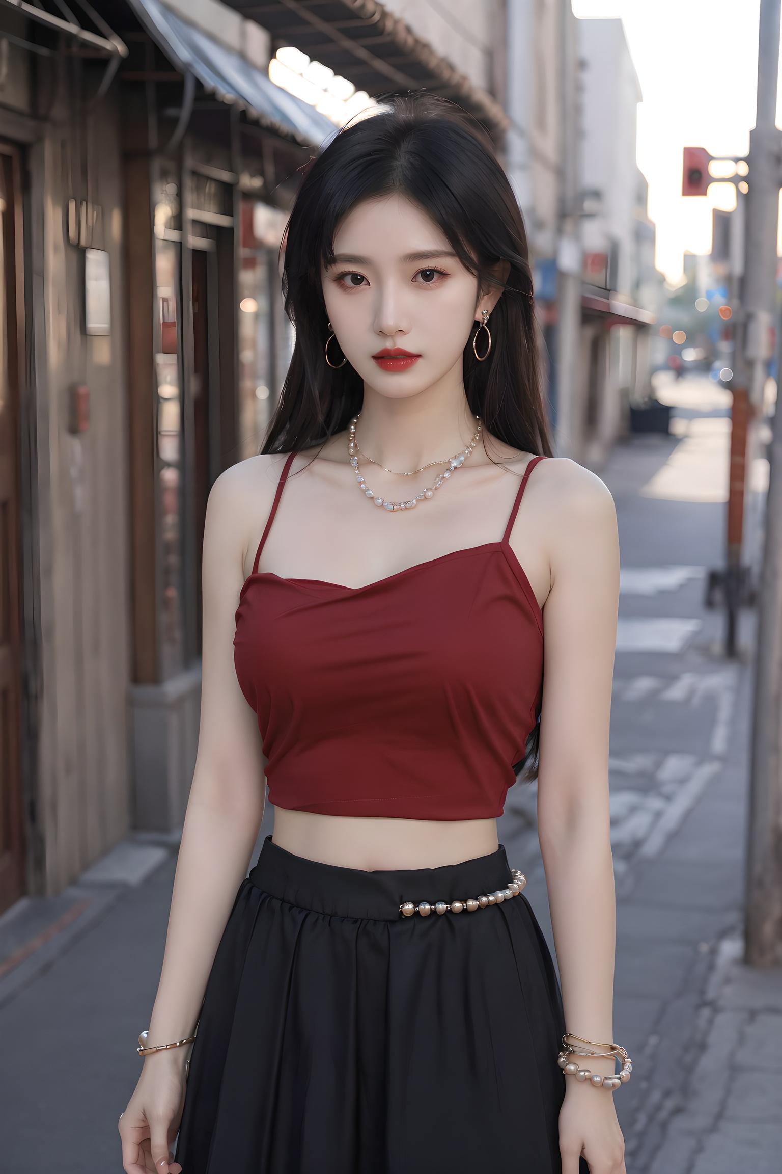 dzf,1girl,solo,long hair,roof,up_body,street,at sunset,looking at viewer,skirt,black hair,hair ornament,big tits,bare shoulders,jewelry,standing,collarbone,cowboy shot,earrings,parted lips,midriff,necklace,blurry,bracelet,lips,crop top,makeup,depth of field,blurry background,beads,long skirt,red lips,bangle,bead bracelet,<lora:减少AI感:0.35>,<lora:20240212-1707682573619:0.25>,<lora:abel好看的姿势:0.35>,<lora:abel光艺术:0.25>,