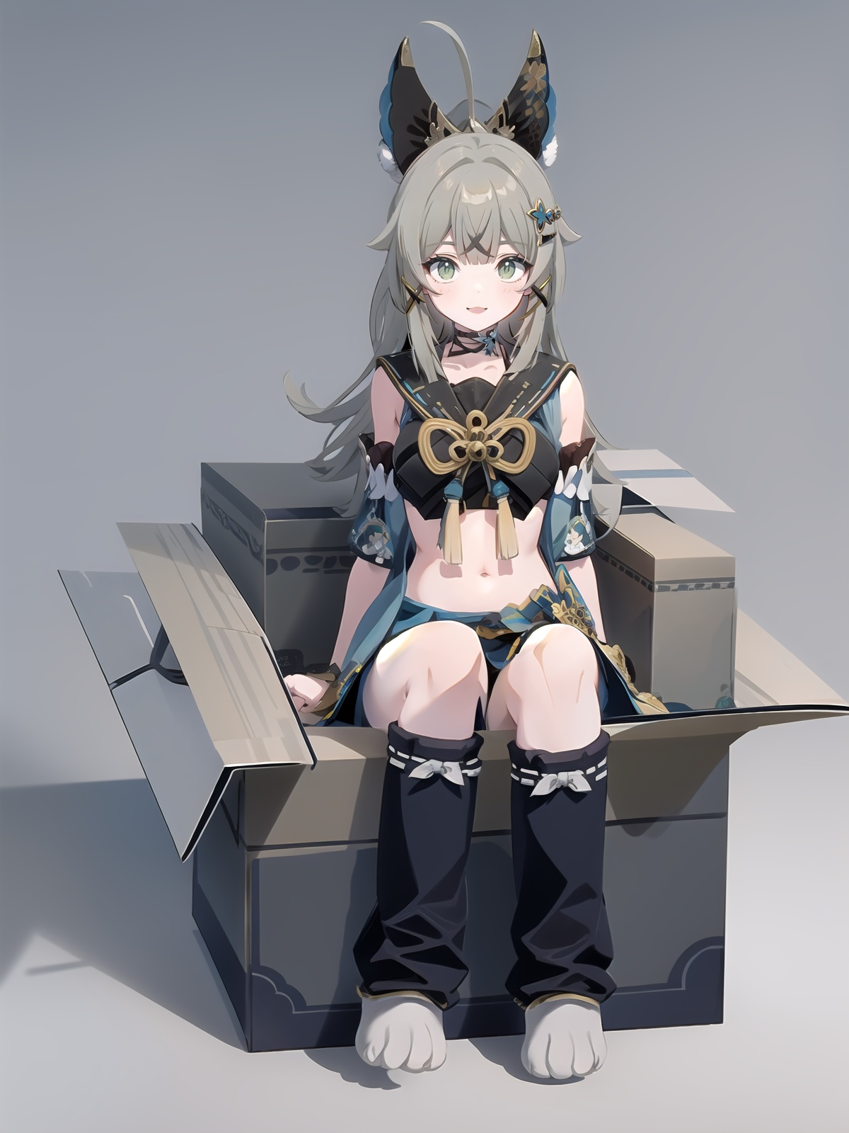 1girl,smile,sitting,box,paw shoes,full body,grey background,(kbxll:0.6),<lora:[角色]-[绮良良-原神]kirara:1>,, (best quality),((masterpiece)),