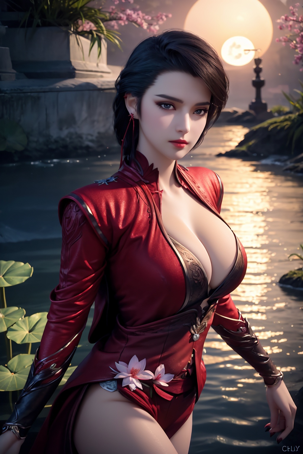 standing,dress,chinese clothes,flower,full_moon,moon,night,lily_pad,lotus,moonlight,nipples,water,night_sky,lily_\(flower\),sky,partially_submerged,1girl,solo,hair ornament,realistic,nail polish,photo_\(medium\),(big breasts, cleavage),makeup,(8k, RAW photo, best quality, masterpiece:1.2),(realistic, photorealistic:1.3),ultra-detailed,extremely detailed cg 8k wallpaper,(crystalstexture skin:1.2),extremely delicate and beautiful,(sexy pose:1.2),chinese dress,short hair