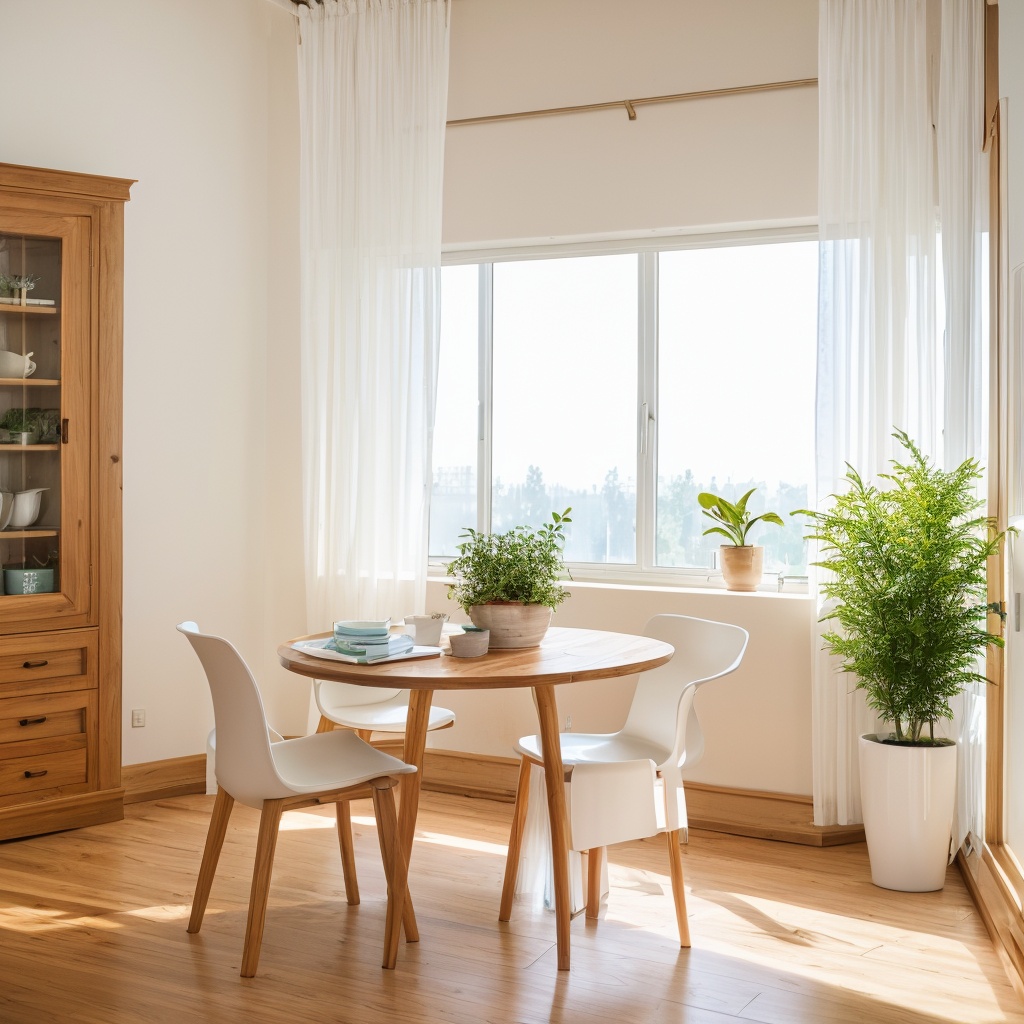 Interior, white walls, floor-to-ceiling Windows, 1 potted plant, a blank solid wood table, white tulle curtains, early morning, RAW color photos, professional photos, masterpieces, best quality, realistic