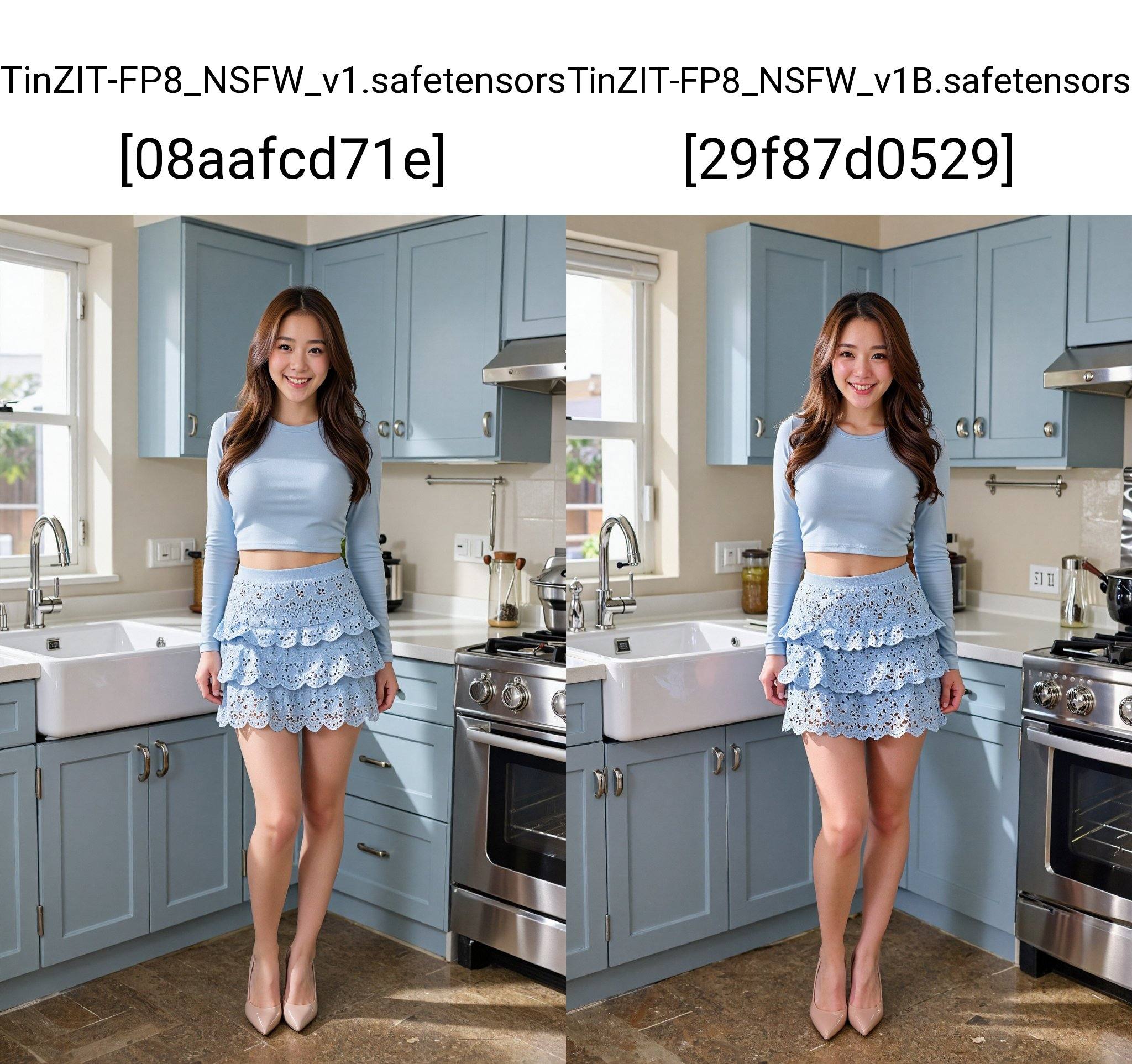 A young Asian woman,  estimated age range 20-25,  stands confidently within a contemporary kitchen setting. Her long on Te...