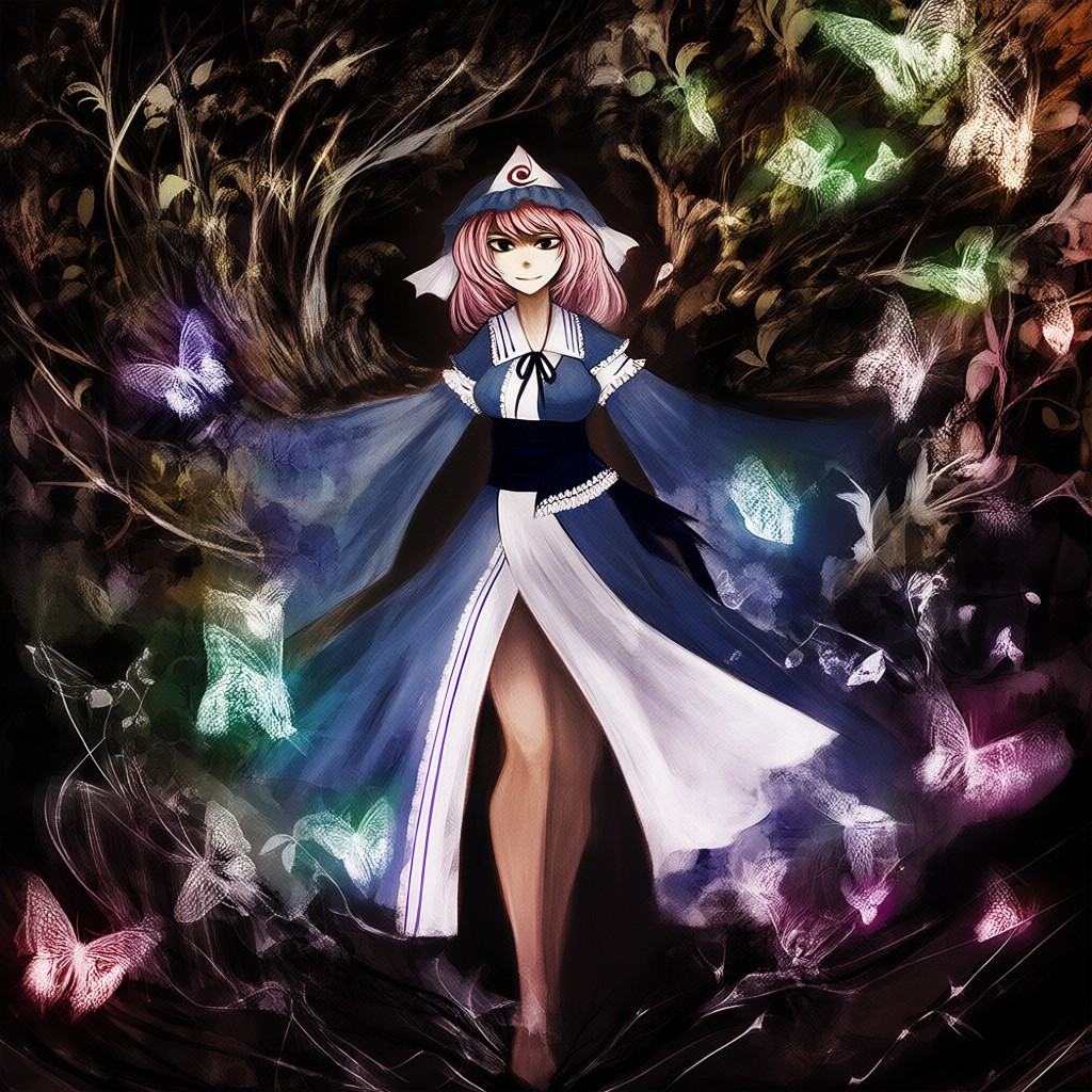 ducaELKstyle illustration. The central figure is a young woman with pink hair,  wearing a blue and white dress with long,...