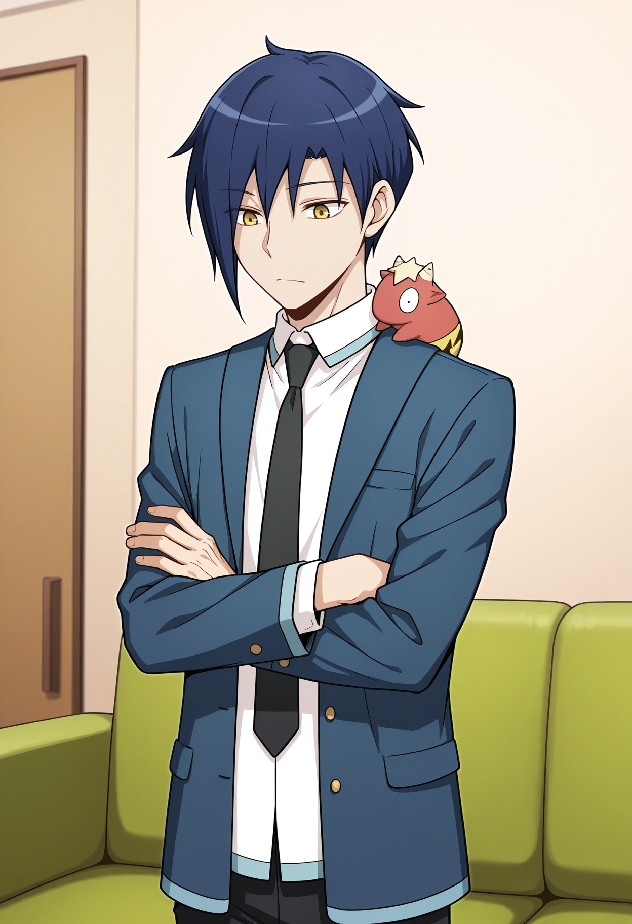 masterpiece,best quality,amazing quality,tazuki kamiya,conny,solo,1boy,yellow eyes,blue hair,jacket,male focus,horns,necktie,indoors,crossed arms,blue blazer,black necktie,couch,creature,creature on shoulder,(yellow shorts:0.8),dot pupils,white collared shirt,<lora:Sora_Kashiwagi_V2:1>,(black eyes:0.7),upper body,black pants,standing,