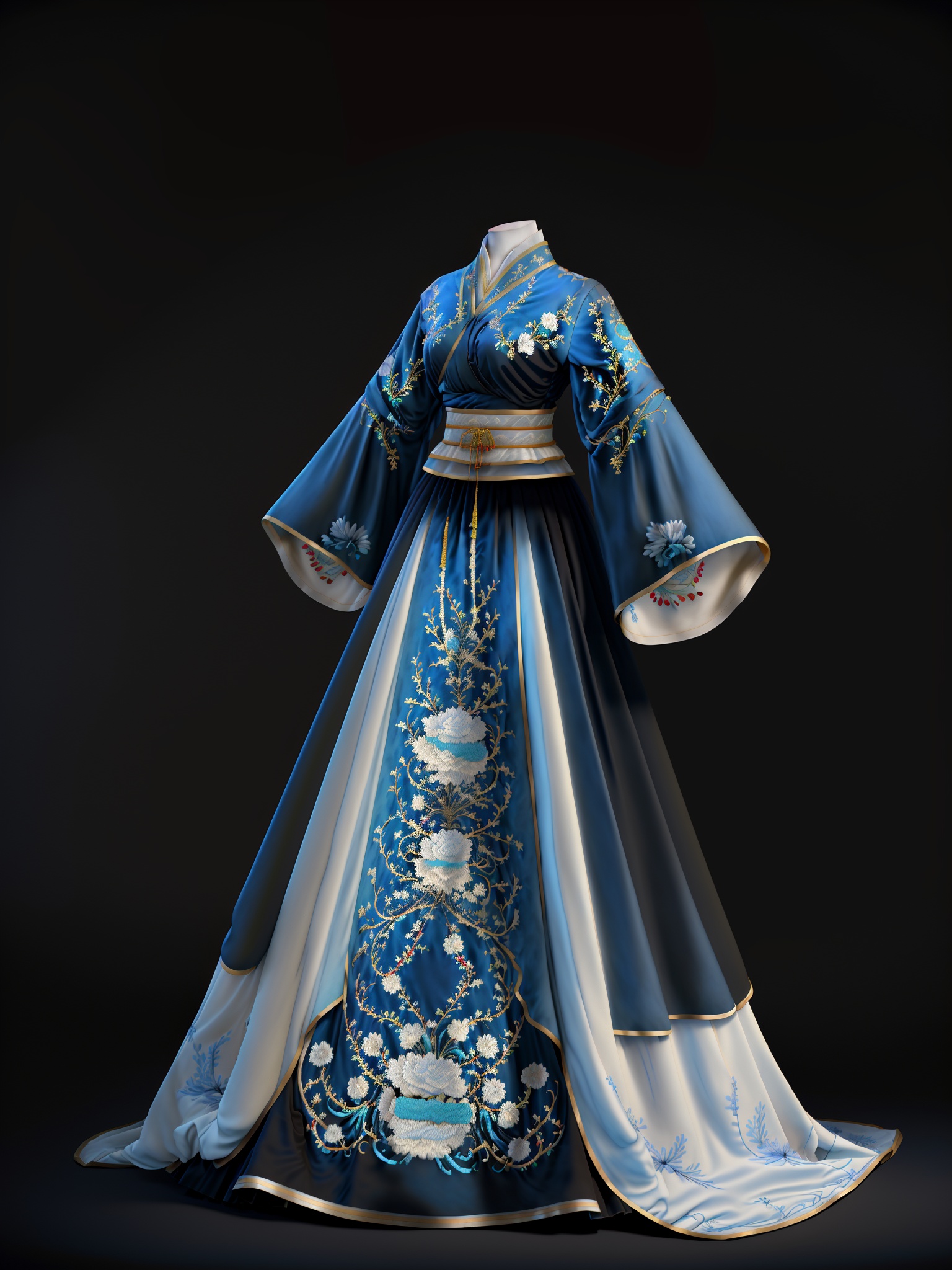 <lora:Nhanfu:1>,flashy costumes,v-neckline,red long sleeves,embroidered with light blue patterns,long light yellow woven waistband,blue waist decoration,clothes mainly in white and blue tones,with a length of pleated style,black background,