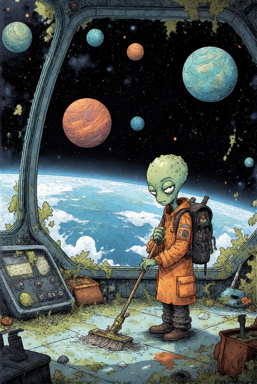 ToonDaal,  A tired alien janitor mopping the floor of an abandoned space station while planets drift past the enormous obs...