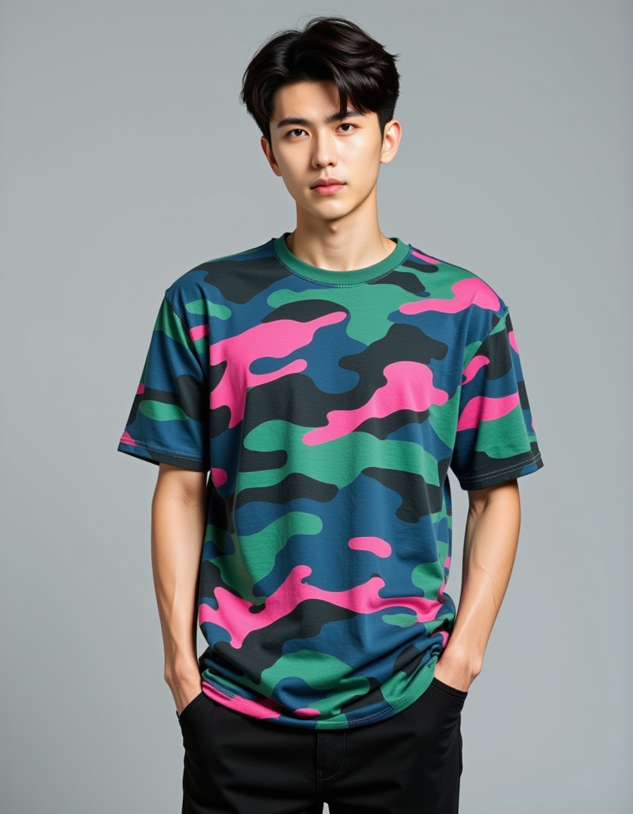 a real picture of a south korea man,In Camouflage print t-shirt in vibrant shades of green,blue,and pink,Black skinny Jeans,