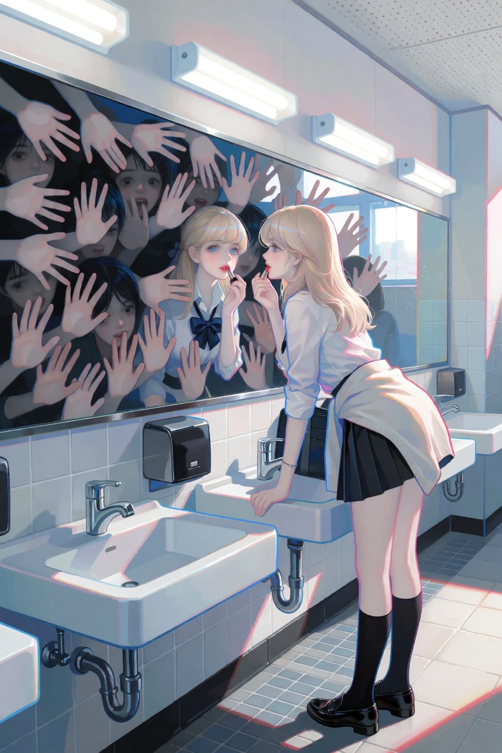 The scene takes place inside a clean,  modern high school bathroom with bright fluorescent ceiling lights,  very dramatic...