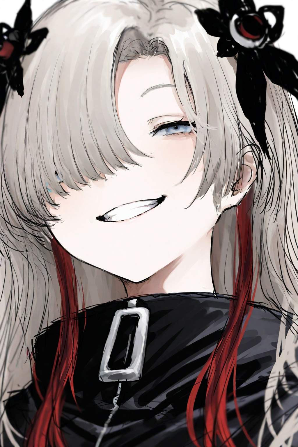 highres,absurdres,Visual impact,masterpiece,amazing quality,best quality,very aesthetic,very awa,newest,<lora:pikuson-Style-000060>,1girl, isekai joucho, solo, virtual youtuber, multicolored hair, hair ornament, hair over one eye, red hair, long hair, white background, looking at viewer, smile, simple background, grey hair, portrait, coat, two-tone hair, hair flower, sketch, grin, flower, half-closed eyes, grey eyes, black coat, streaked hair, blue eyes, teeth, upper body, black flower