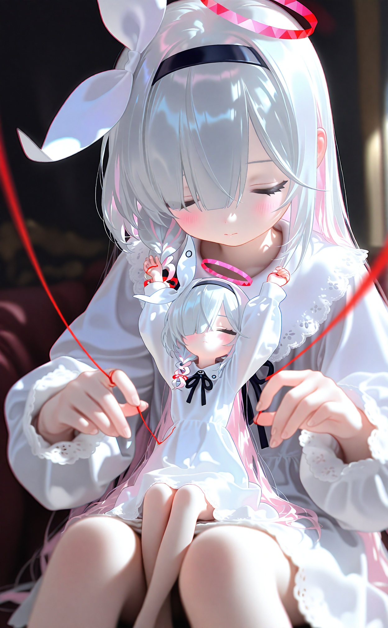 nyalia, plana (blue archive), dress, white dress, hairband, 2girls, closed eyes, black hairband, multiple girls, long sleeves, ribbon, pink hair, closed mouth, long hair, hair over one eye, white hair, braid, multicolored hair, size difference, arms up, barefoot, colored inner hair, red ribbon, single braid, blurry, halo, depth of field, mini person, minigirl, hair ribbon, dual persona, arona (blue archive), white ribbon, two-tone hair, blush, string, grey hair, puffy long sleeves, red halo, string of fate, very long hair, bow, sitting on person, doll, side braid, sitting, puffy sleeves, sitting on lap, collared dress<lora:nyalia acid4up-000023:0.8>