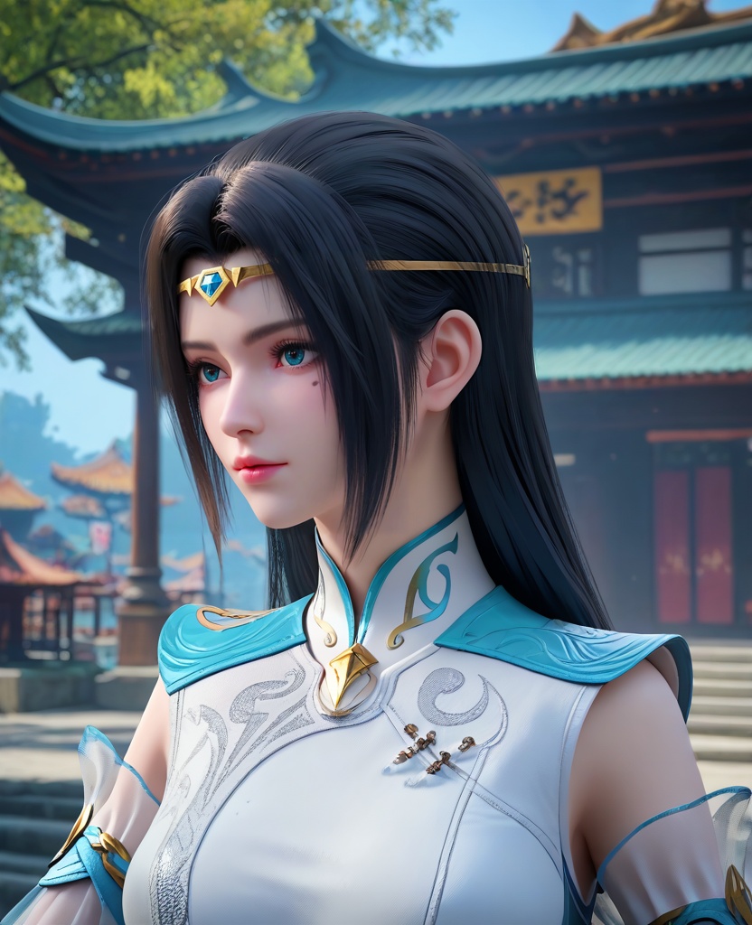 (oriental architecture, elegant decor, sophisticated style:1.1),slouching,(breasts:1.2),<lora:XL16大主宰苏萱:0.95>,miss suxuan,layered aqua and white gown,blue eyes,mole under right eye,circlet,black hair,long hair,wide flowing sleeves,bracer,, zPDXL2, score_9, score_8_up, score_7_up BREAK realistic, masterpiece,best quality, highly detailed,, zPDXL3, zPDXL2,zPDXL, zPDXLxxx, zPDXLrl,