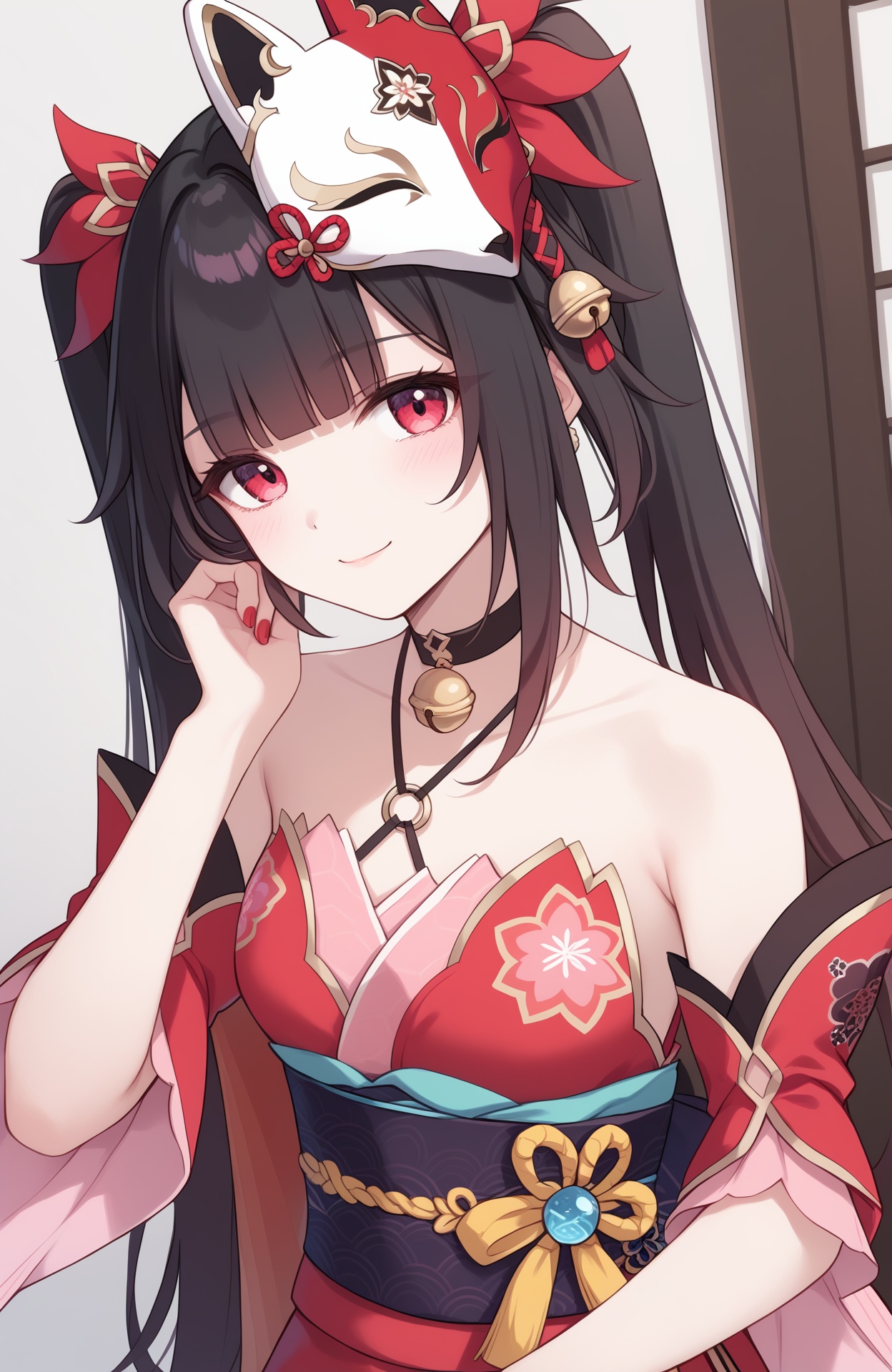 1girl,solo,looking at viewer,a girl named huahuo,huahuo,1girl,twintails,looking at viewer,fox mask,bare shoulders,mask on head,black choker,detached sleeves,obi,jingle bell,black sash,black gloves,neck bell,criss-cross halter,red nails,red dress,<lora:花火ponysnr:1>,indoors,wariza,, (score_9,score_8_up,score_7_up),(masterpiece,best quality,high quality:1.2),absurdres,