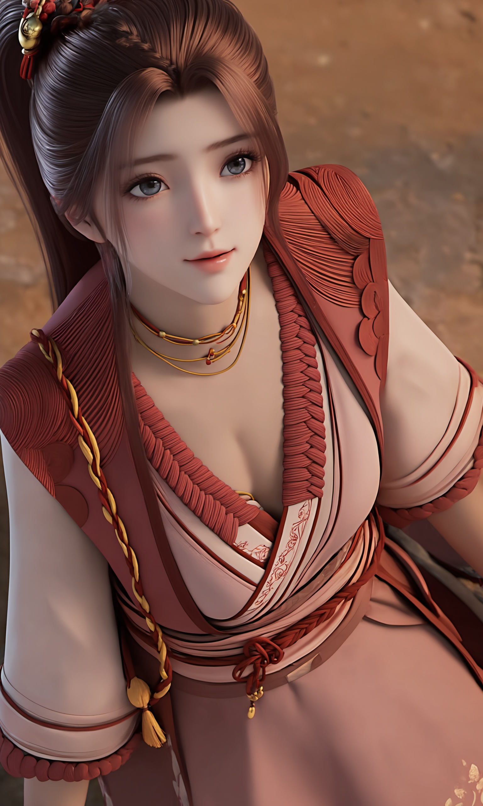Hailey,high angle view of Hailey-type girl with brown high ponytail long hair and parted bangs wearing golden ZXH-type Hanfu,highly detailed,ultra-high resolutions,32K UHD,masterpiece,best quality,<lora:ZHUXIAN-Hailey-000019:0.9>,cleavage,NSFW,