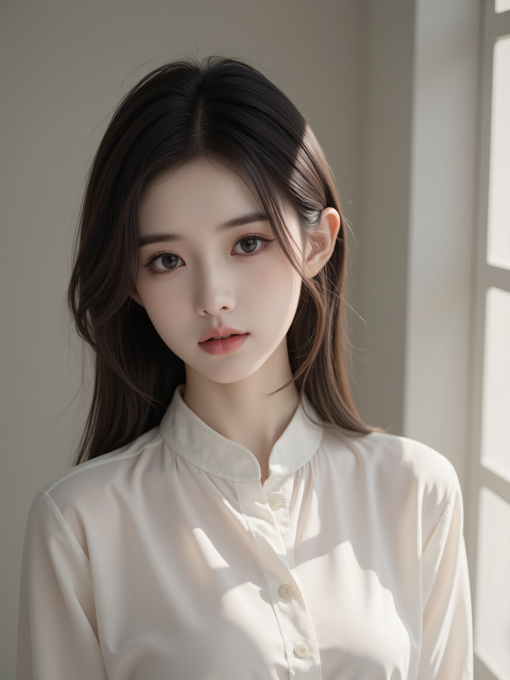 This photograph captures a young Asian woman with a delicate, ethereal appearance, set against a softly lit, minimalist background. She has fair skin with a smooth complexion, and her dark, shoulder-length hair cascades loosely around her face, framing her oval-shaped face. Her eyes are large and almond-shaped, with a soft, inviting gaze that seems to look slightly to the side. Her lips are full and naturally pink, with a subtle gloss, and she wears minimal makeup, enhancing her natural beauty.She is dressed in a crisp, white button-down shirt, the fabric appearing slightly textured, possibly made of cotton or linen, with the collar neatly pressed. The shirt is buttoned up to the top, emphasizing her slender neck and delicate collarbone. The lighting is soft and diffused, creating a gentle, almost dreamy ambiance, with no harsh shadows or strong contrasts, which highlights her serene expression and the soft textures of her hair and shirt.The background consists of a plain, off-white wall and a white, vertical structure, possibly a window frame, on her right side, adding to the simplicity and calmness of the scene. The overall mood is tranquil and introspective, with a touch of elegance and quiet intensity.