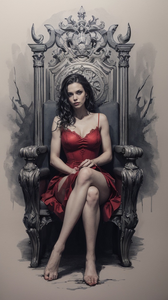 ink illustration,  a woman in a red dress sitting leisurely on the throne in hell,  in splashes on Tensor.Art