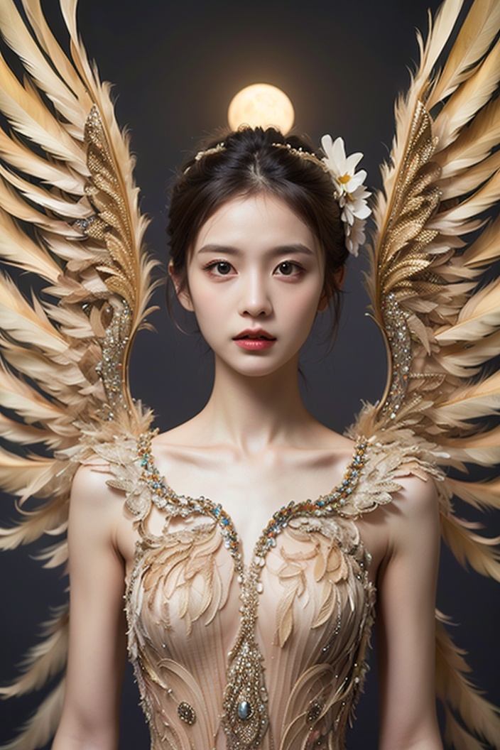 Horror-themed Abstract style,otherworldly being with luminous ethereal wings,radiating an aura of tranquility and grace,body adorned with intricate patterns and delicate lines,evoking a sense of harmony amidst chaos,high detail,award winning masterpiece with incredible details,non-representational,colors and shapes,expression of feelings,imaginative,highly detailed,eerie,unsettling,dark,spooky,suspenseful,grim,highly detailed,1girl,md symmetrical,solo,(red wing:1.2),(blue wing:1.2),night,moon,crystal evening dress,colorful,masterpiece,best quality,ultra-detailed,<lora:翅膀:0.8>,