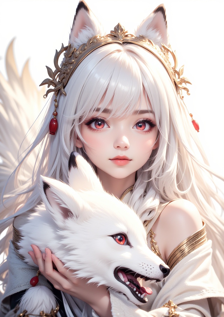 A serene female character with white hair and green eyes adorned with traditional clothing and accessories gently holds a...