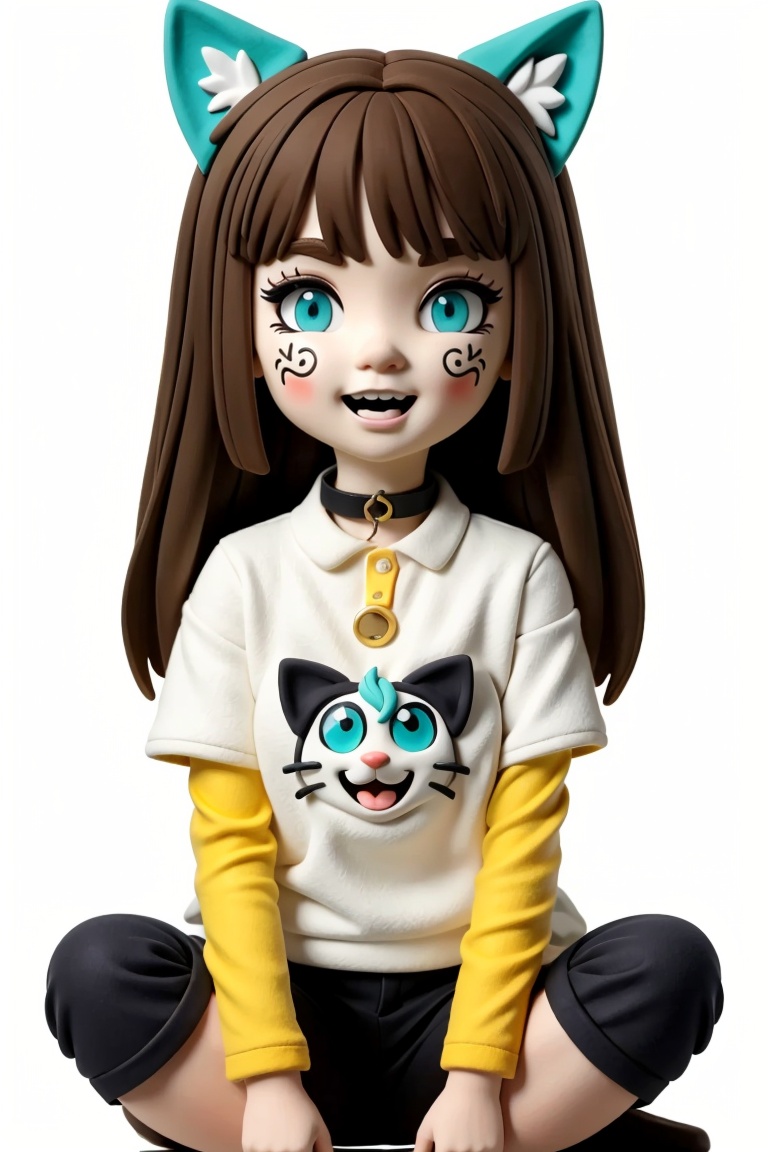 ((HRD, HUD, 8K)),((masterpiece, best quality)), highly detailed, soft light, clay,1girl, animal ears, cat ears, tail, long hair, cat tail, bangs, shirt, blush stickers, solo, cat girl, animal ear fluff, looking at viewer, collar, white shirt, blonde hair, mouth hold, oversized clothes, blunt bangs, biting, aqua eyes, t-shirt, oversized shirt, sitting, simple background, red collar, :3, clothes writing, animal collar, green eyes, light brown hair, white background,