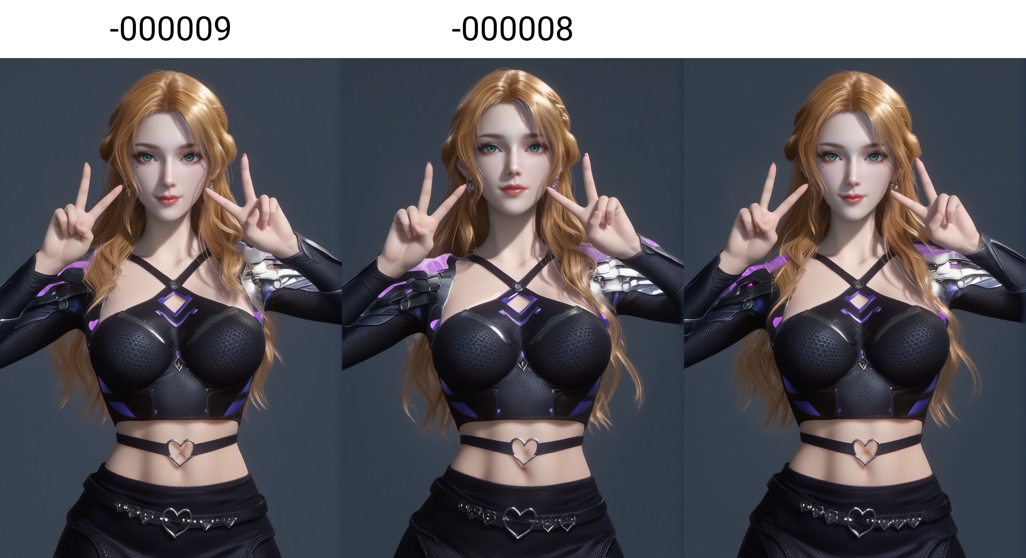 (score_9),upper body,<lora:珍妮特-apony-000009:0.83>,znt,1girl,solo,long hair,blonde hair,earrings,green eyes,braid,mole under eye,crop top,belt buckle,shoulder armor,midriff,black skirt,navel,<lora:perfect eyes_v1:0.8>,light blush,Expressiveh,<lora:Expressive_H-000001:0.8>,collarbone,(glamor:1.2),curvy,BREAKlooking at viewer,(double v),closed mouth,fair_skin,(pale_skin),((white skin)),light skin,BREAKsimple background,grey background,<lora:e色温:0.35>,4K ultra HD,sharp focus,high detail,natural lighting,high contrast,hearts,Volumetric Lighting,Tyndall effect,